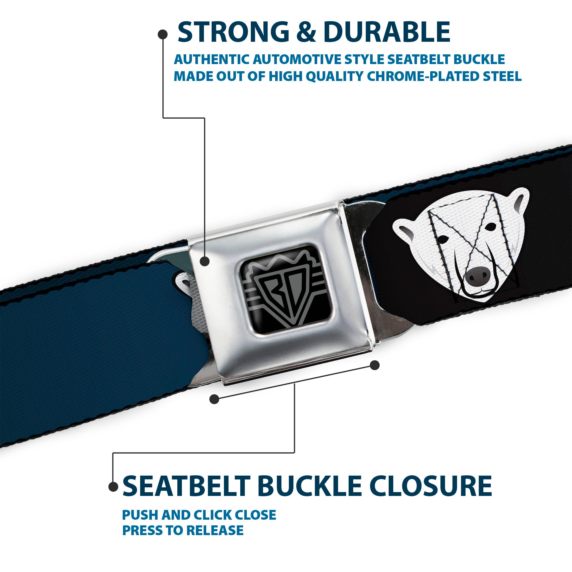 BD Wings Logo CLOSE-UP Full Color Black Silver Seatbelt Belt - Polar Bear Repeat Black/Blue Fade Webbing Seatbelt Belts Buckle-Down