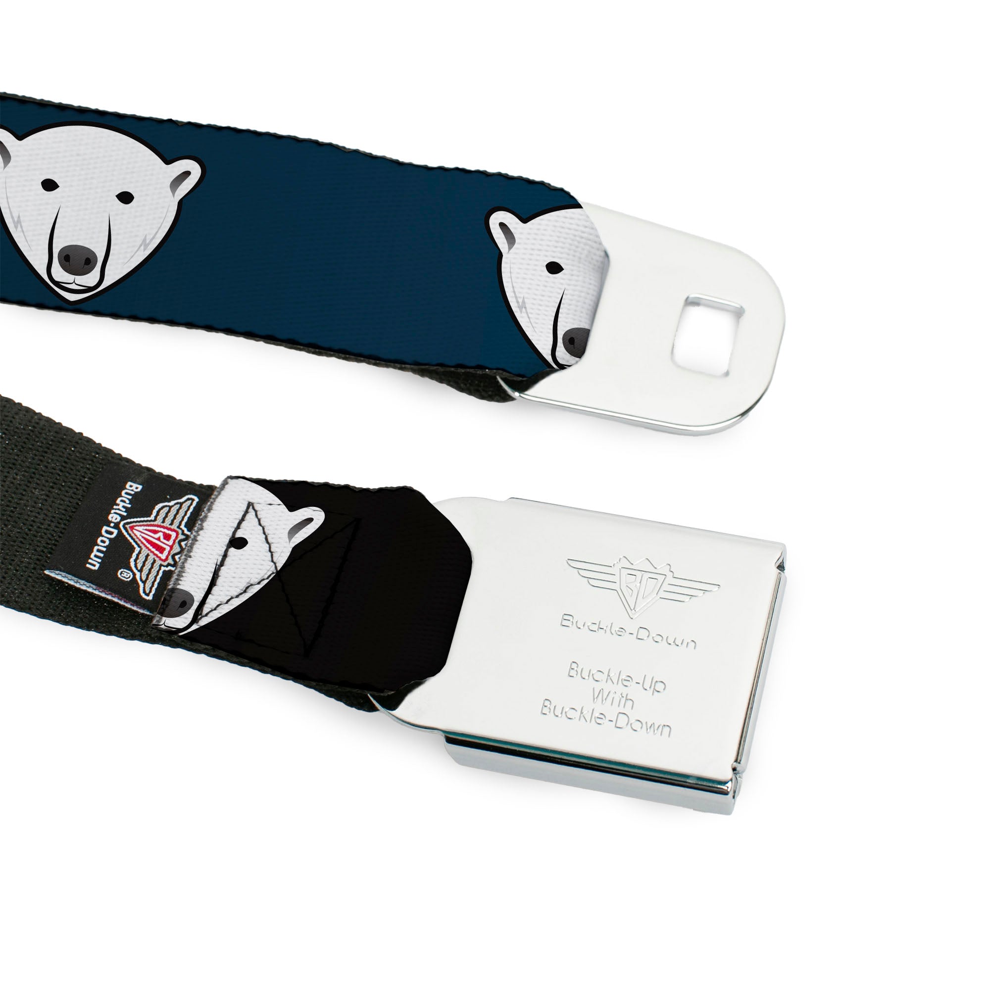 BD Wings Logo CLOSE-UP Full Color Black Silver Seatbelt Belt - Polar Bear Repeat Black/Blue Fade Webbing Seatbelt Belts Buckle-Down