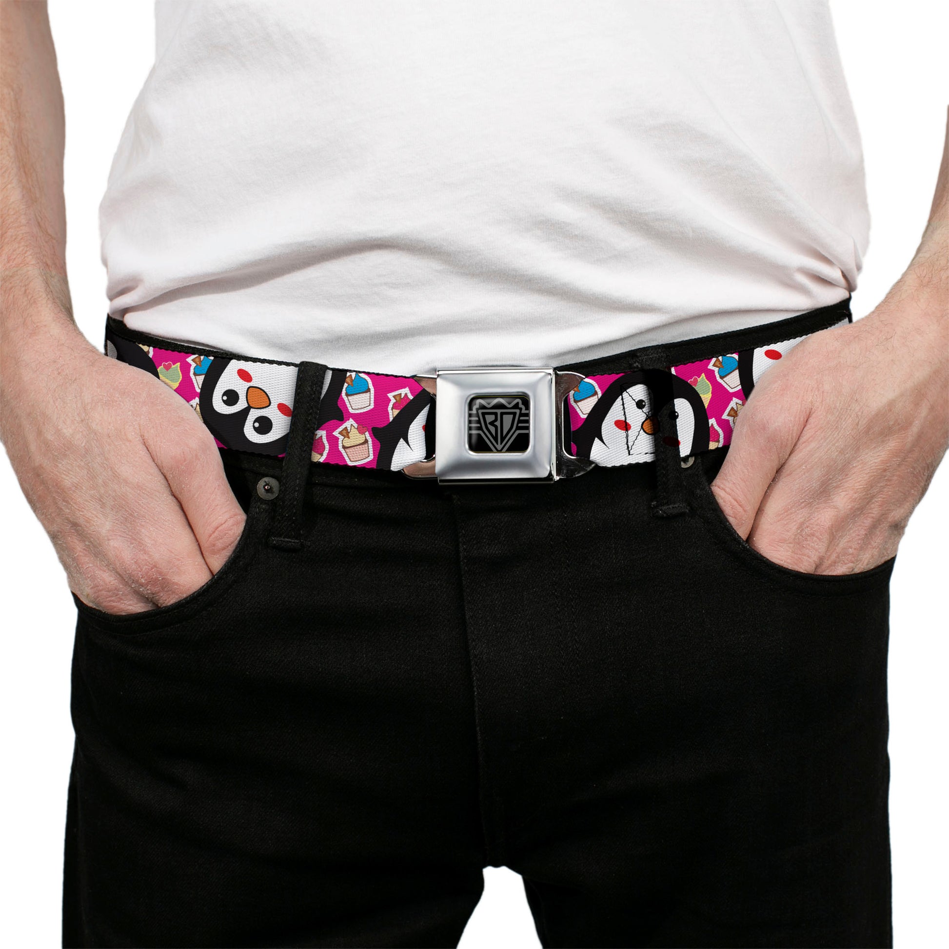BD Wings Logo CLOSE-UP Full Color Black Silver Seatbelt Belt - Penguins w/Cupcakes Fuchsia/Multi Color Webbing Seatbelt Belts Buckle-Down