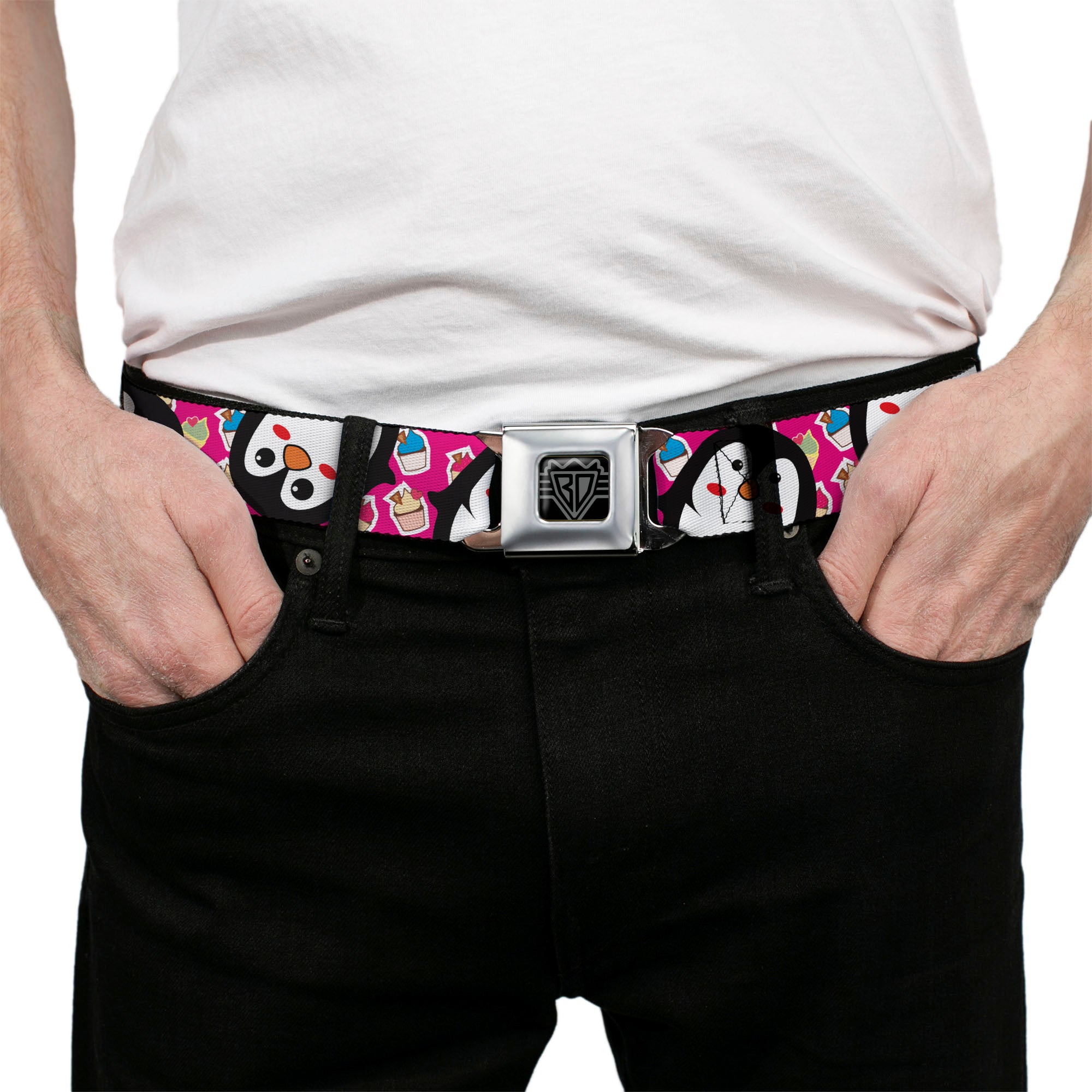 BD Wings Logo CLOSE-UP Full Color Black Silver Seatbelt Belt - Penguins w/Cupcakes Fuchsia/Multi Color Webbing Seatbelt Belts Buckle-Down