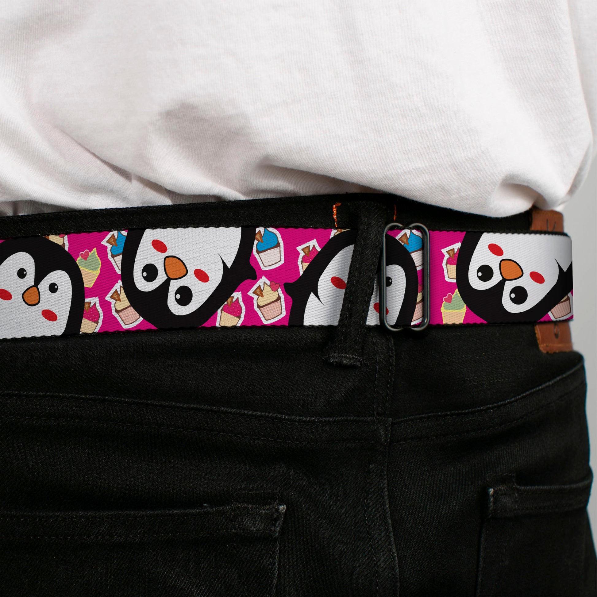 BD Wings Logo CLOSE-UP Full Color Black Silver Seatbelt Belt - Penguins w/Cupcakes Fuchsia/Multi Color Webbing Seatbelt Belts Buckle-Down