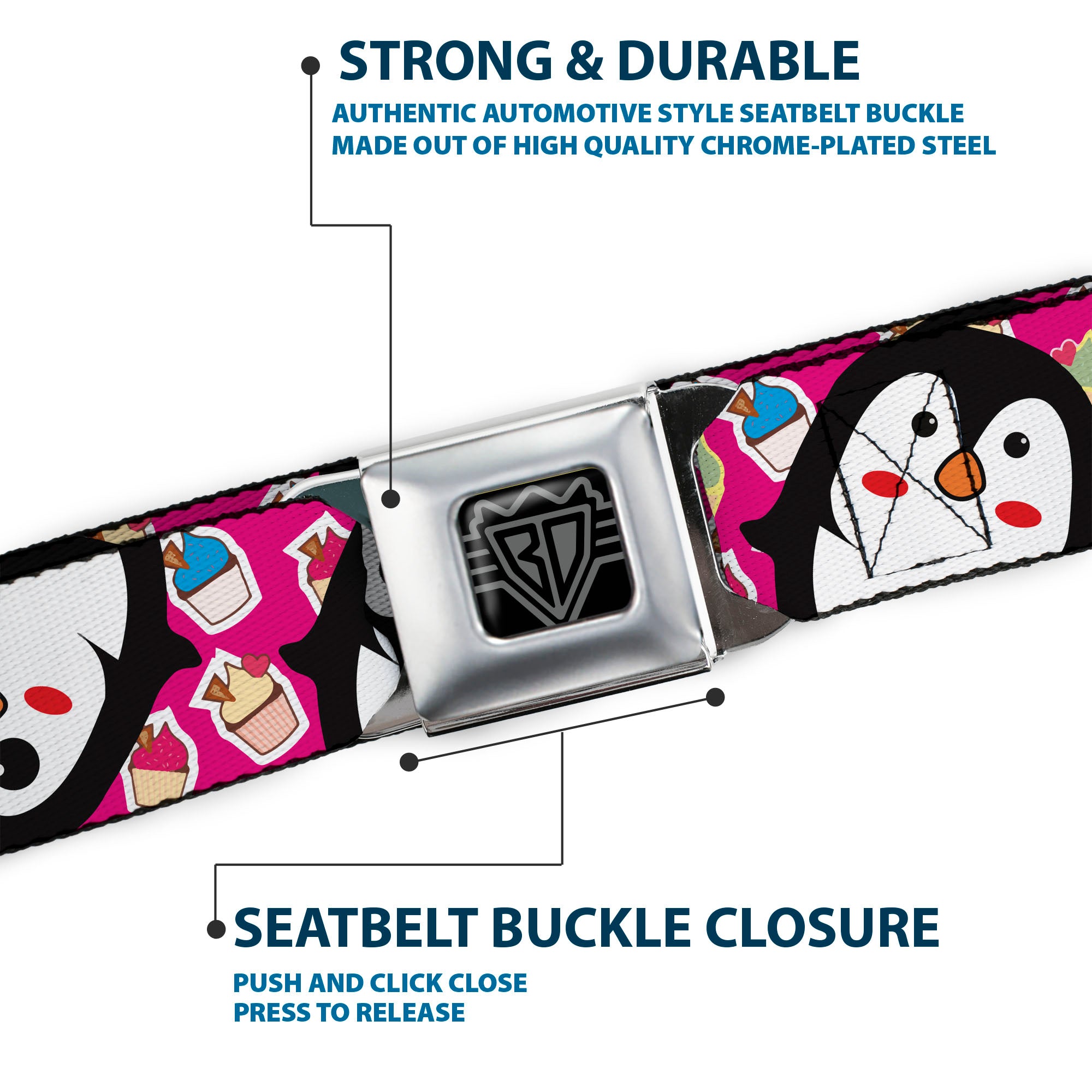 BD Wings Logo CLOSE-UP Full Color Black Silver Seatbelt Belt - Penguins w/Cupcakes Fuchsia/Multi Color Webbing Seatbelt Belts Buckle-Down