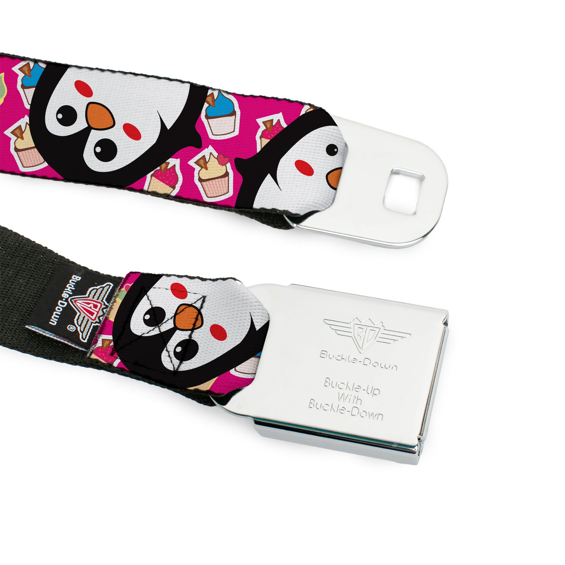 BD Wings Logo CLOSE-UP Full Color Black Silver Seatbelt Belt - Penguins w/Cupcakes Fuchsia/Multi Color Webbing Seatbelt Belts Buckle-Down