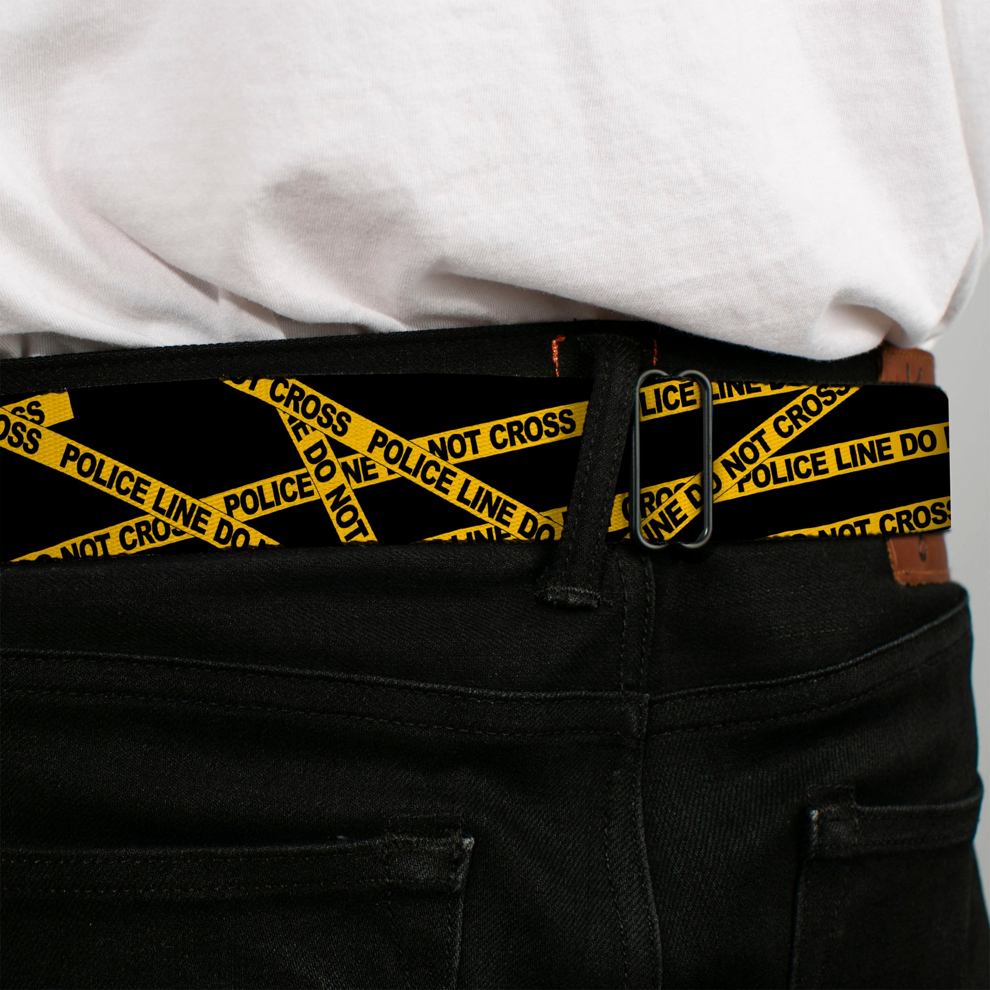 BD Wings Logo CLOSE-UP Full Color Black Silver Seatbelt Belt - Police Line Black/Yellow Webbing Seatbelt Belts Buckle-Down