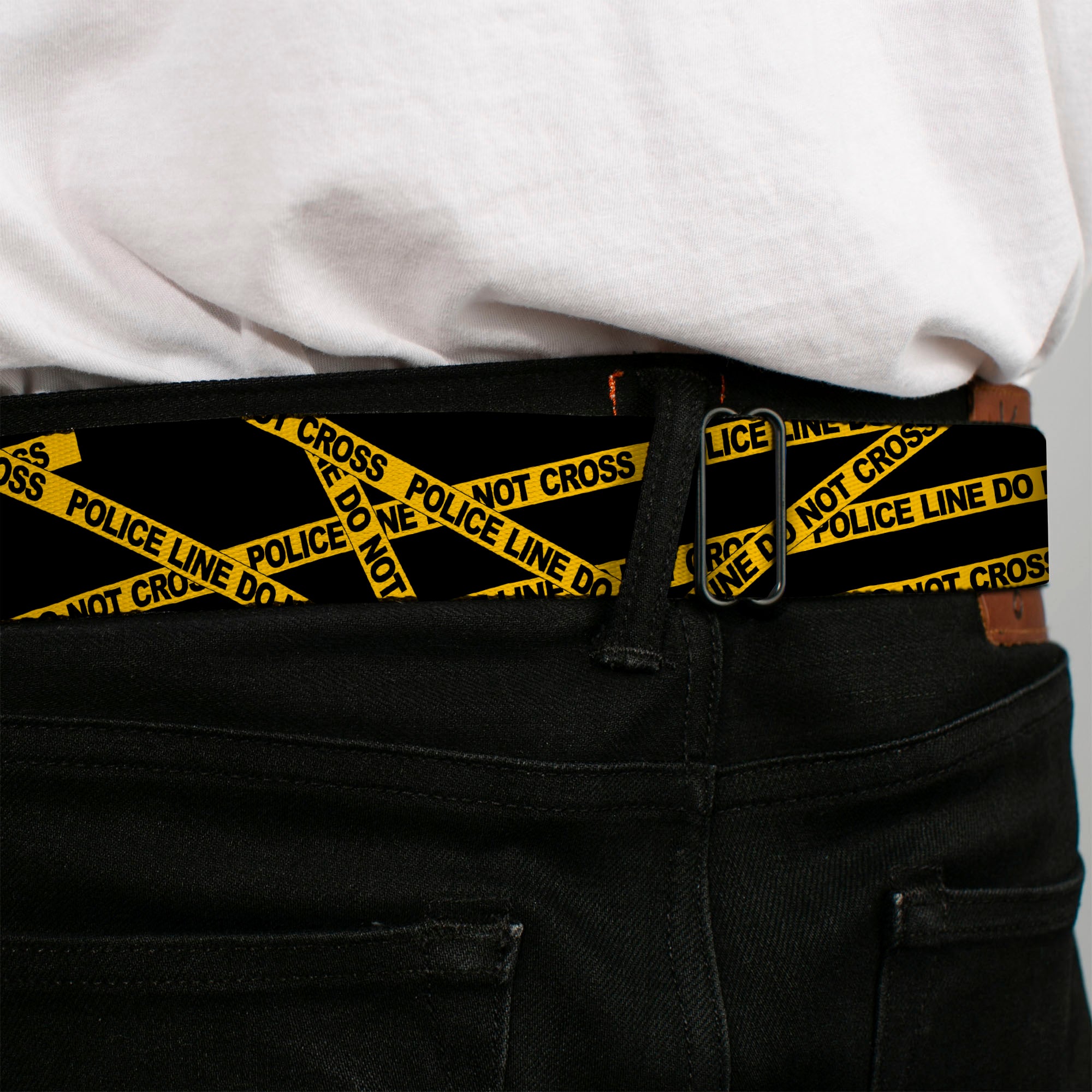 BD Wings Logo CLOSE-UP Full Color Black Silver Seatbelt Belt - Police Line Black/Yellow Webbing Seatbelt Belts Buckle-Down