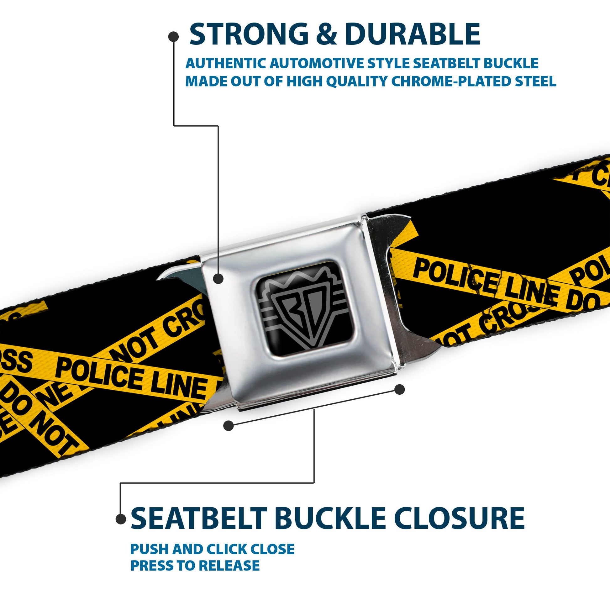 BD Wings Logo CLOSE-UP Full Color Black Silver Seatbelt Belt - Police Line Black/Yellow Webbing Seatbelt Belts Buckle-Down