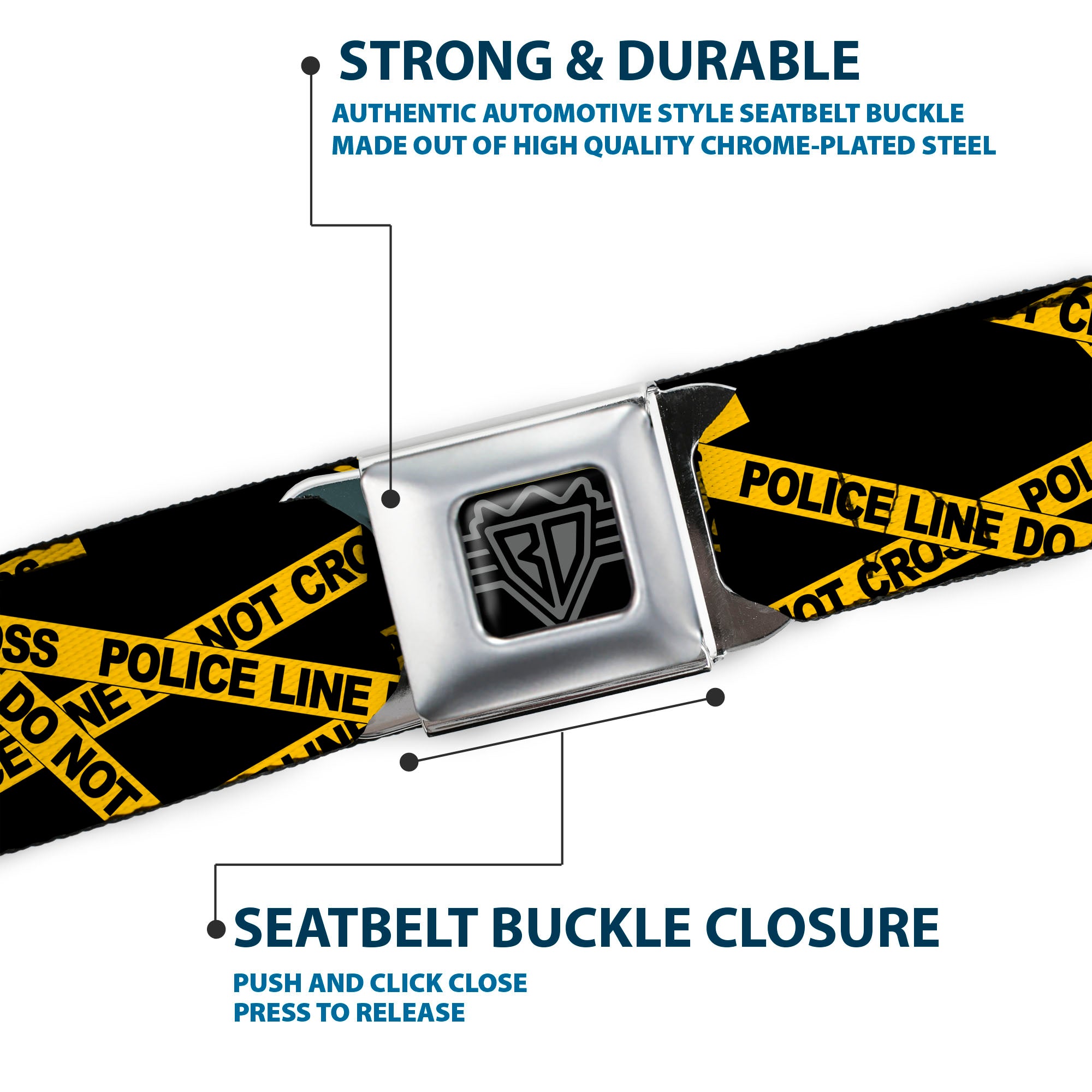 BD Wings Logo CLOSE-UP Full Color Black Silver Seatbelt Belt - Police Line Black/Yellow Webbing Seatbelt Belts Buckle-Down