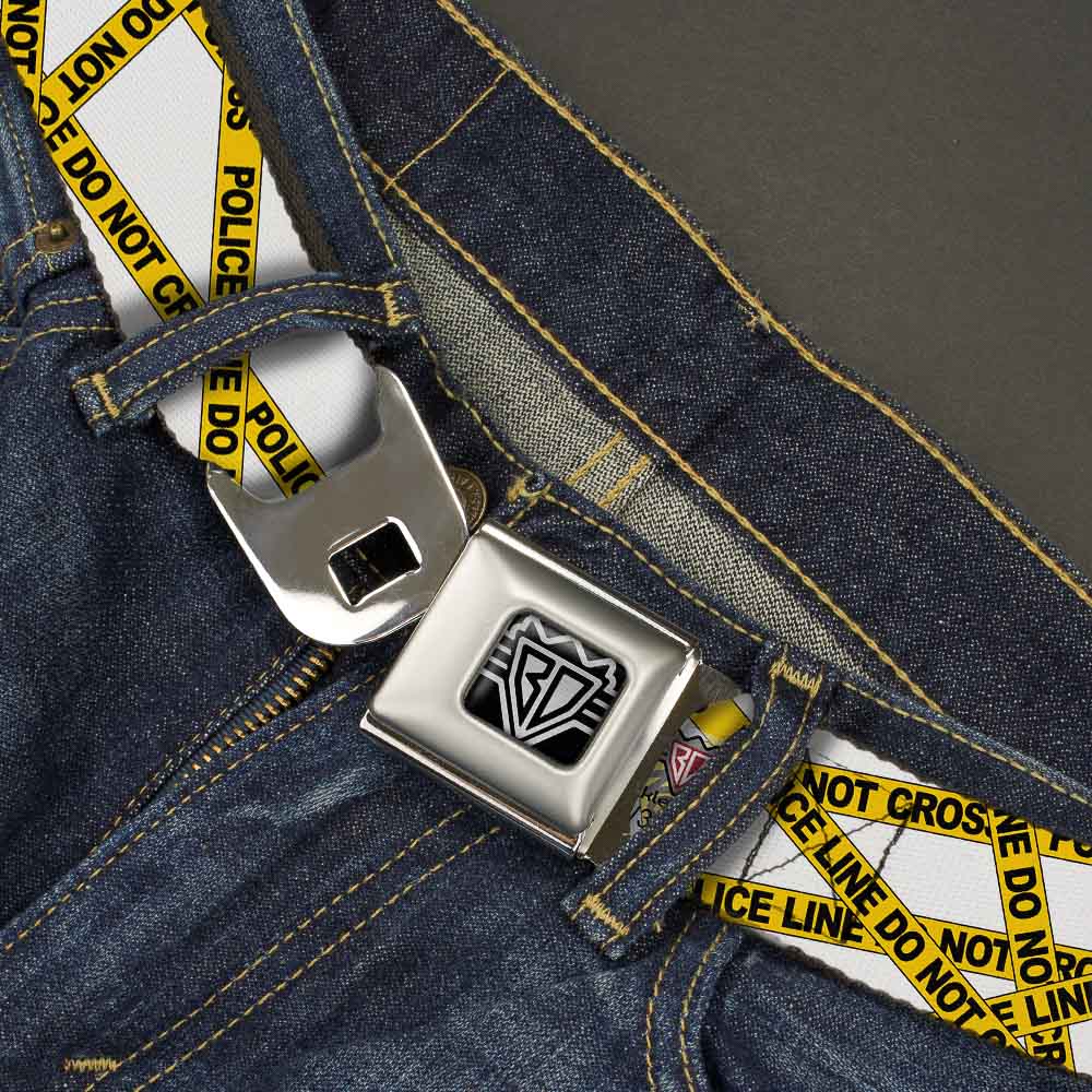 BD Wings Logo CLOSE-UP Full Color Black Silver Seatbelt Belt - Police Line White/Yellow Webbing Seatbelt Belts Buckle-Down