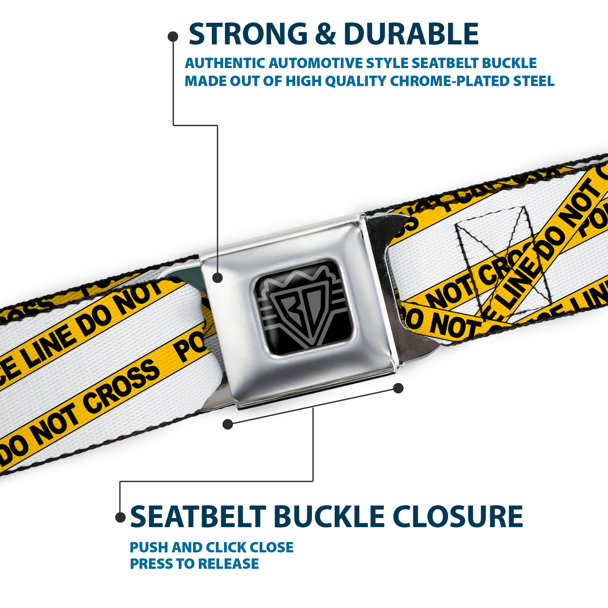 BD Wings Logo CLOSE-UP Full Color Black Silver Seatbelt Belt - Police Line White/Yellow Webbing Seatbelt Belts Buckle-Down