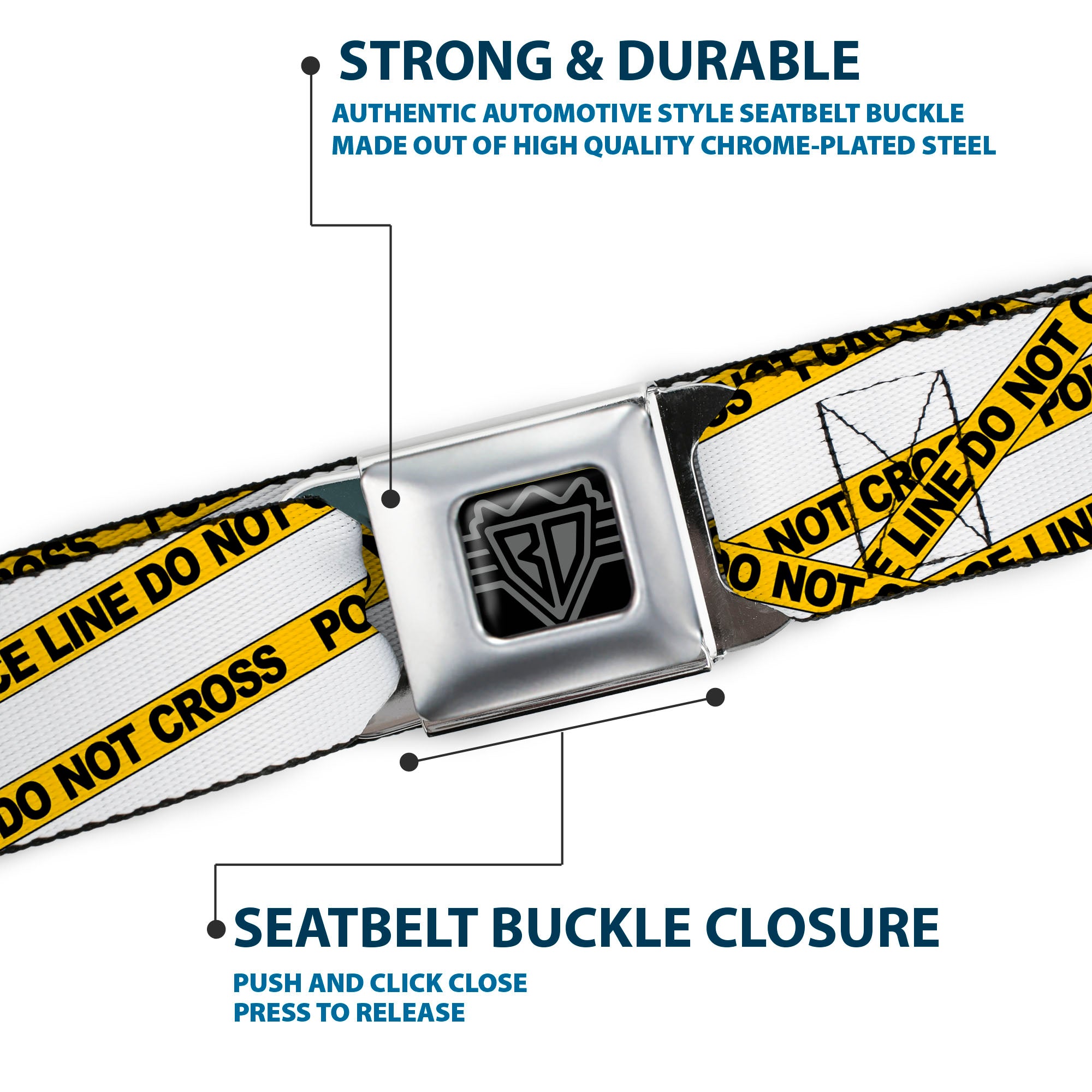 BD Wings Logo CLOSE-UP Full Color Black Silver Seatbelt Belt - Police Line White/Yellow Webbing Seatbelt Belts Buckle-Down
