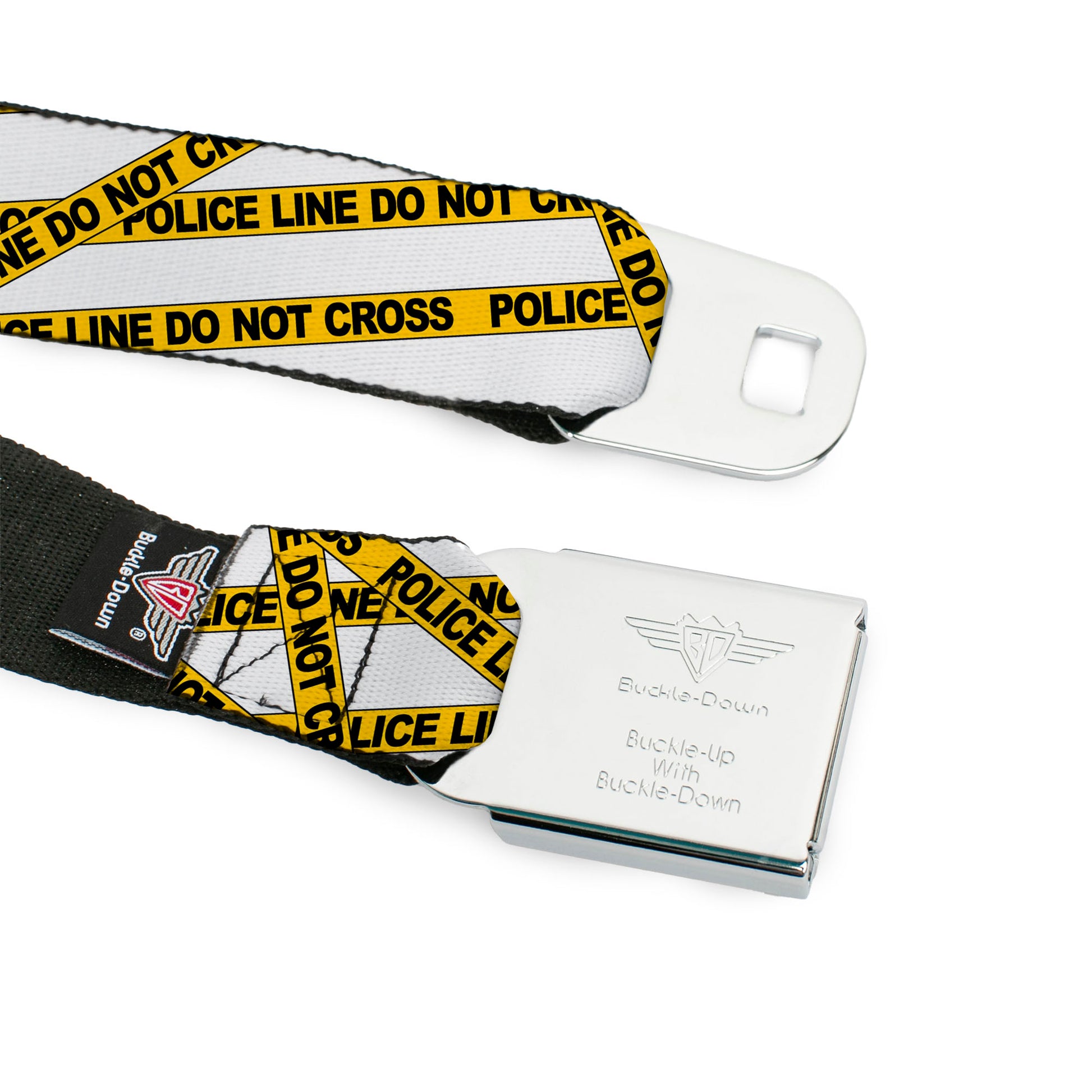 BD Wings Logo CLOSE-UP Full Color Black Silver Seatbelt Belt - Police Line White/Yellow Webbing Seatbelt Belts Buckle-Down