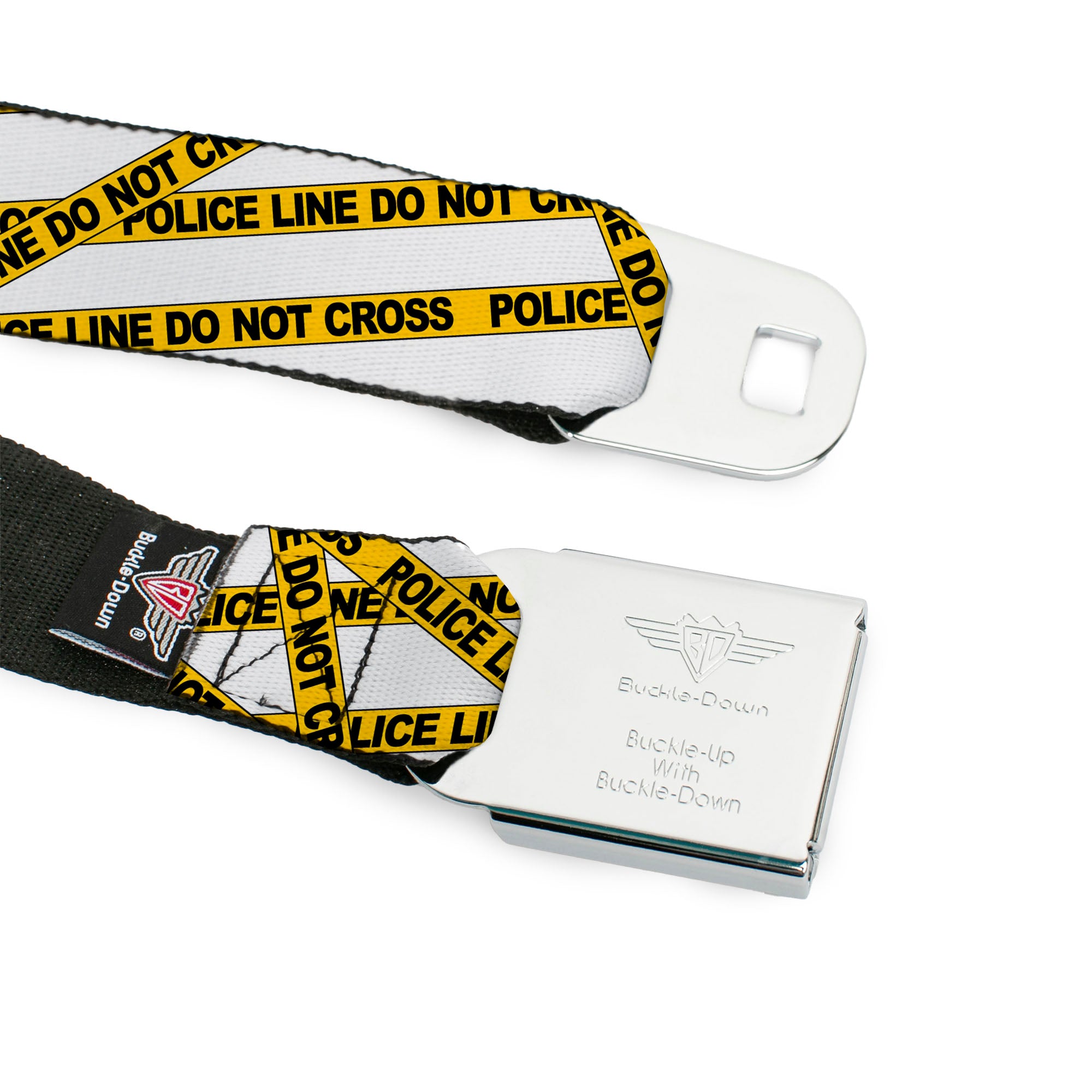 BD Wings Logo CLOSE-UP Full Color Black Silver Seatbelt Belt - Police Line White/Yellow Webbing Seatbelt Belts Buckle-Down