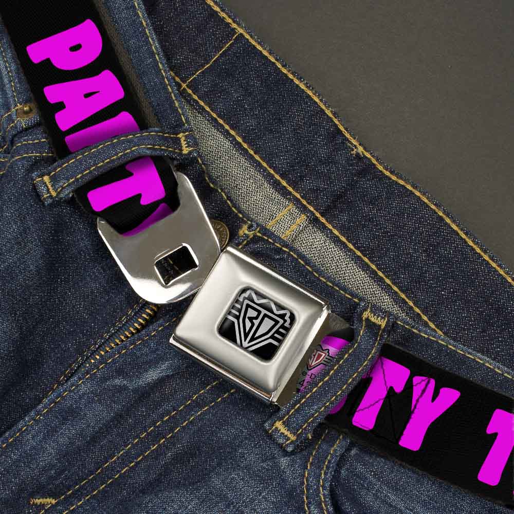 BD Wings Logo CLOSE-UP Full Color Black Silver Seatbelt Belt - PARTY TIME! Black/Fuchsia Webbing Seatbelt Belts Buckle-Down