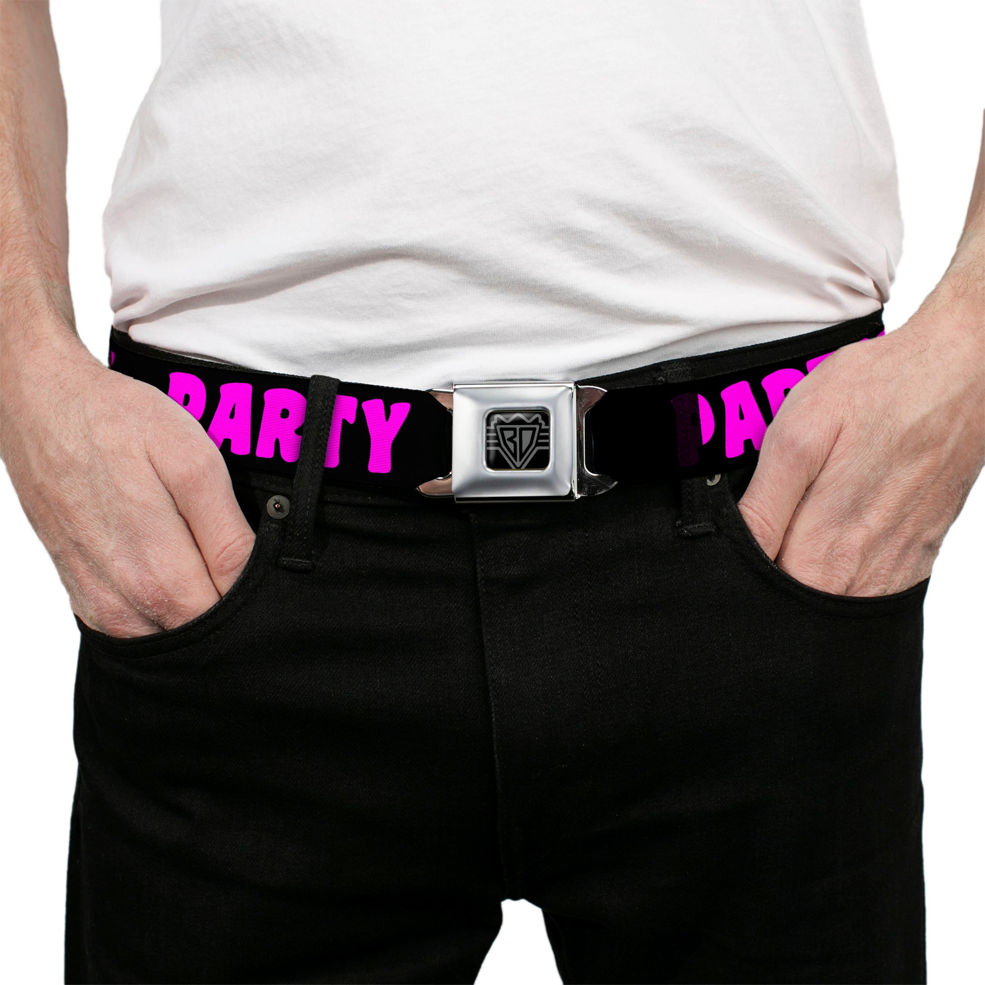 BD Wings Logo CLOSE-UP Full Color Black Silver Seatbelt Belt - PARTY TIME! Black/Fuchsia Webbing Seatbelt Belts Buckle-Down