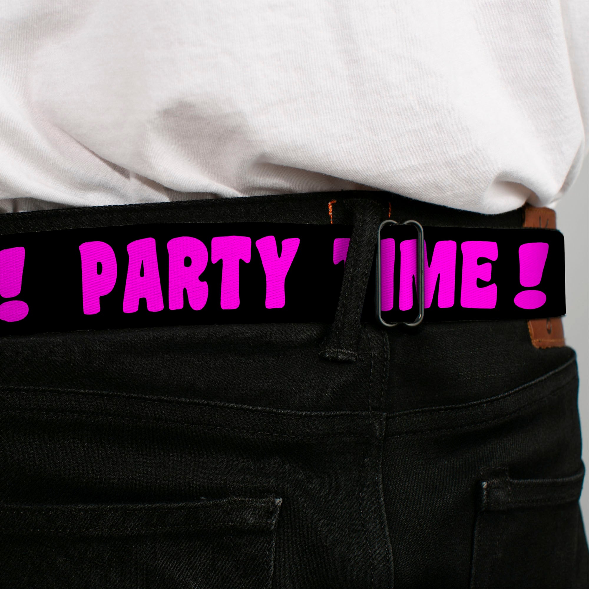 BD Wings Logo CLOSE-UP Full Color Black Silver Seatbelt Belt - PARTY TIME! Black/Fuchsia Webbing Seatbelt Belts Buckle-Down