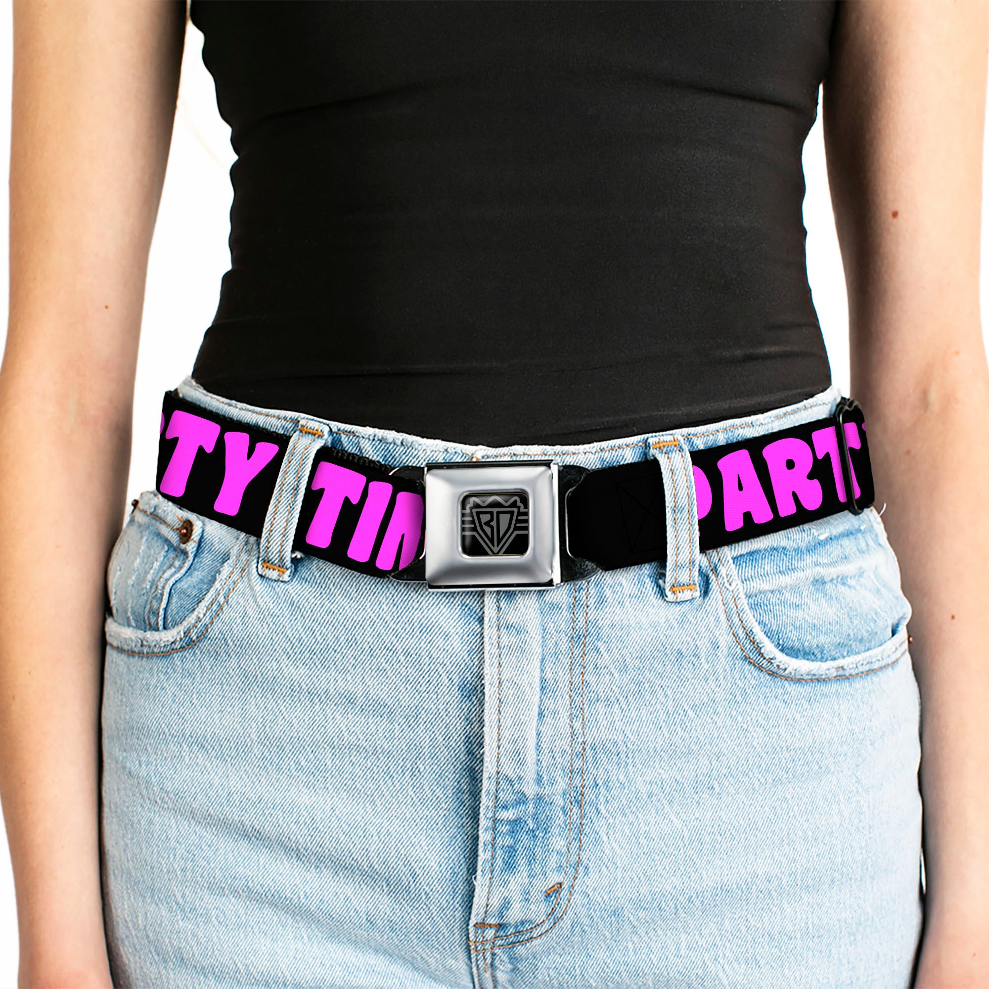 BD Wings Logo CLOSE-UP Full Color Black Silver Seatbelt Belt - PARTY TIME! Black/Fuchsia Webbing Seatbelt Belts Buckle-Down