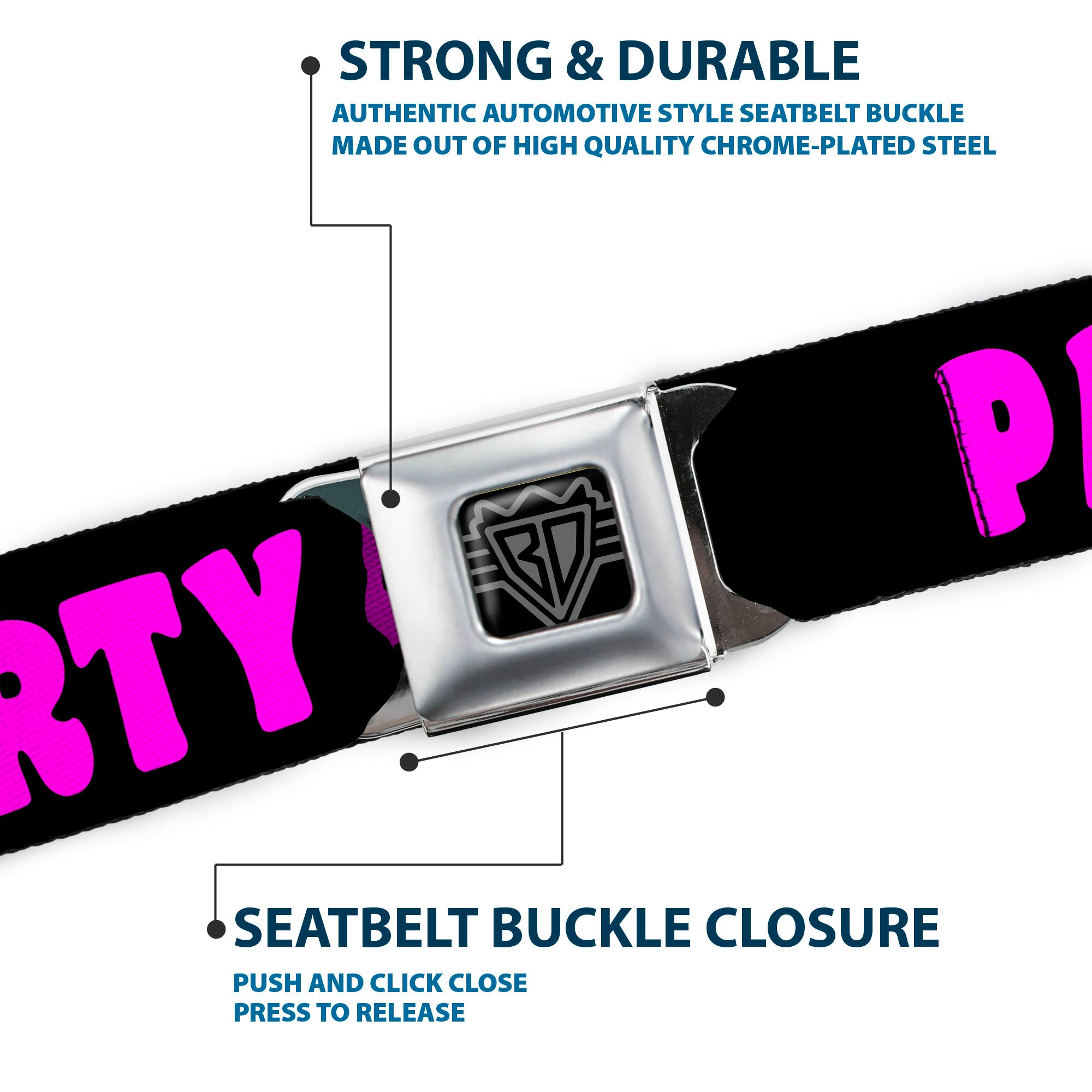 BD Wings Logo CLOSE-UP Full Color Black Silver Seatbelt Belt - PARTY TIME! Black/Fuchsia Webbing Seatbelt Belts Buckle-Down