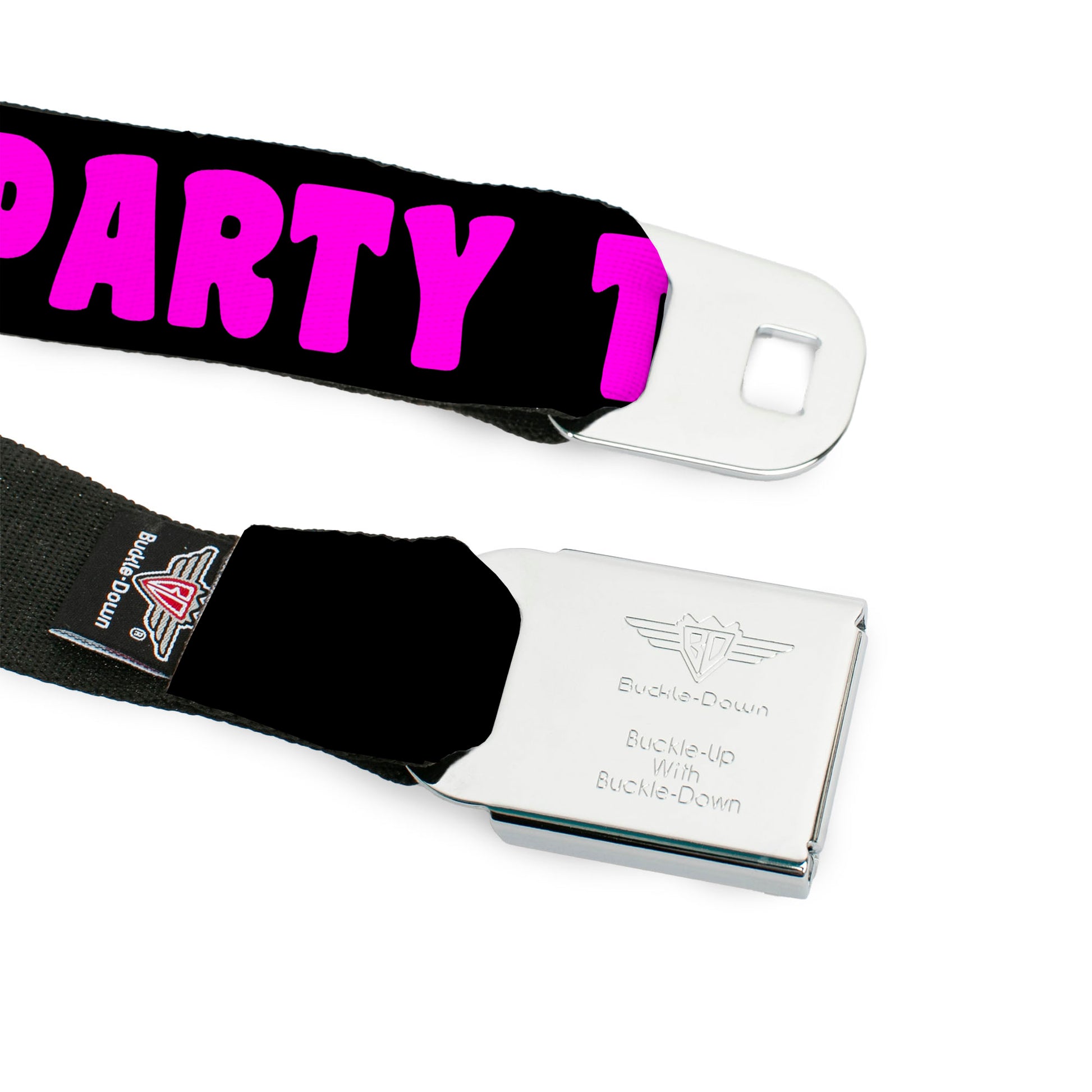 BD Wings Logo CLOSE-UP Full Color Black Silver Seatbelt Belt - PARTY TIME! Black/Fuchsia Webbing Seatbelt Belts Buckle-Down
