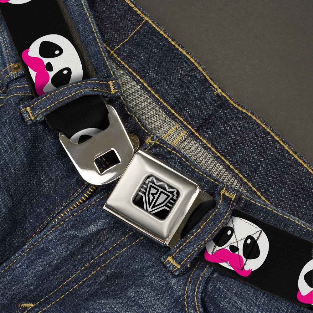 BD Wings Logo CLOSE-UP Full Color Black Silver Seatbelt Belt - Panda Face w/Pink Mustache Webbing Seatbelt Belts Buckle-Down