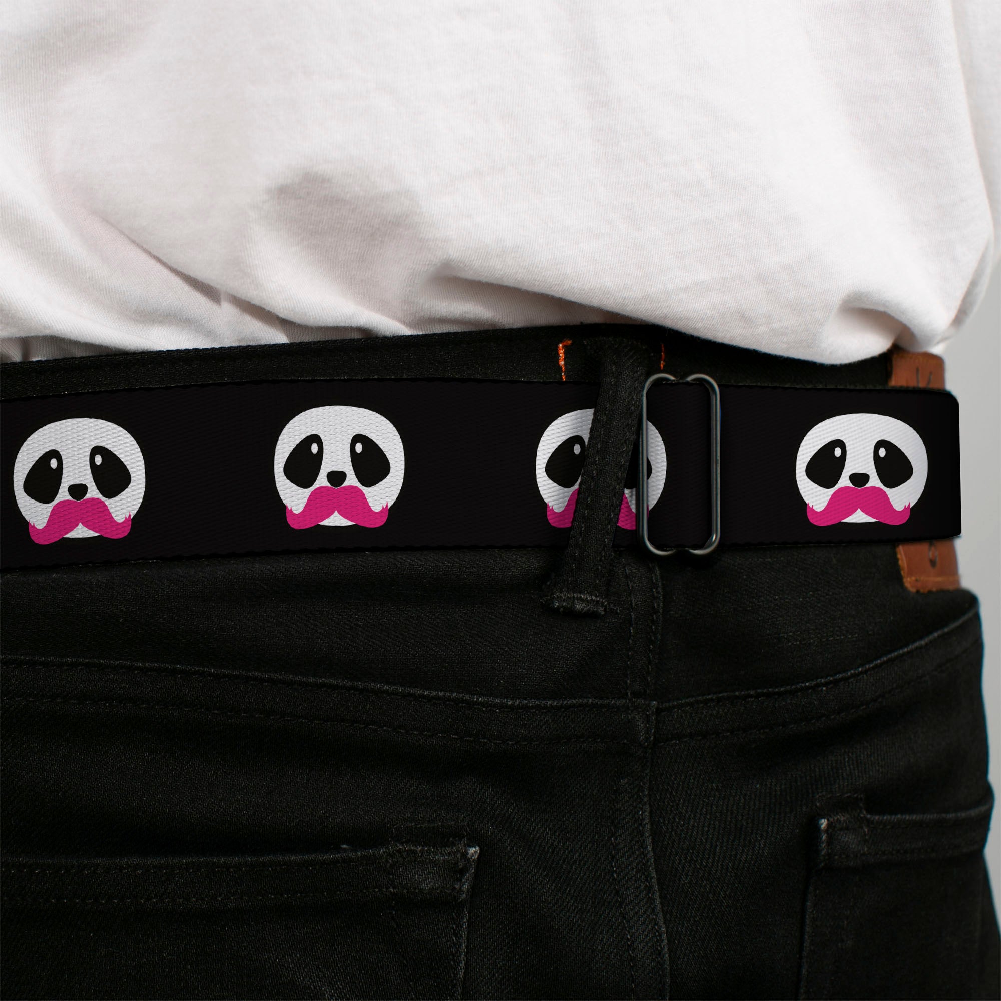 BD Wings Logo CLOSE-UP Full Color Black Silver Seatbelt Belt - Panda Face w/Pink Mustache Webbing Seatbelt Belts Buckle-Down