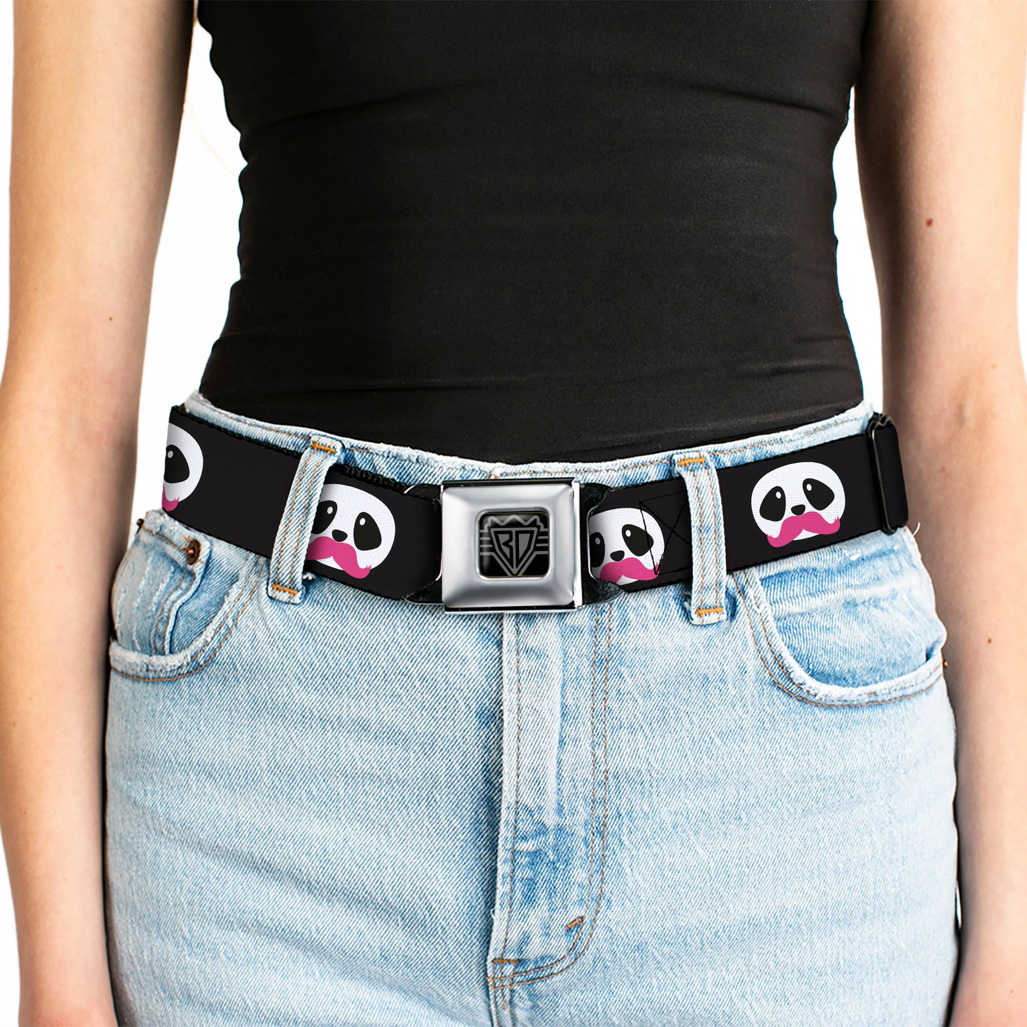 BD Wings Logo CLOSE-UP Full Color Black Silver Seatbelt Belt - Panda Face w/Pink Mustache Webbing Seatbelt Belts Buckle-Down