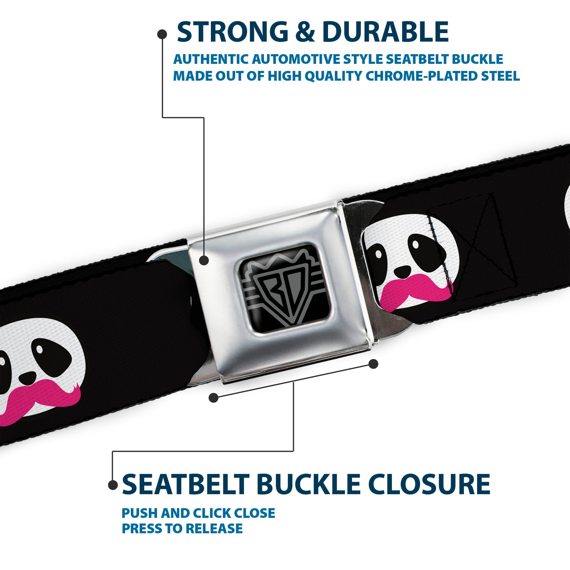 BD Wings Logo CLOSE-UP Full Color Black Silver Seatbelt Belt - Panda Face w/Pink Mustache Webbing Seatbelt Belts Buckle-Down