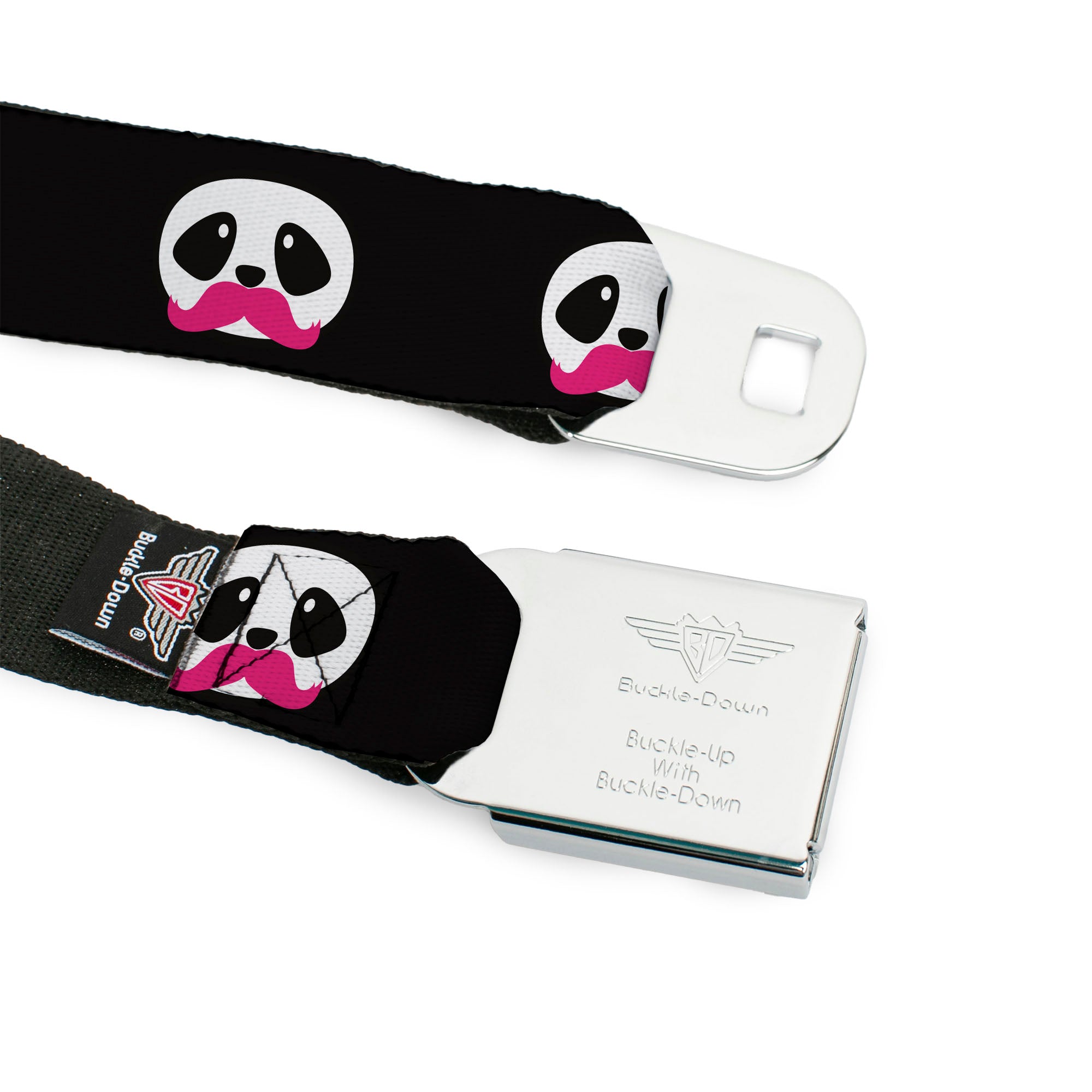 BD Wings Logo CLOSE-UP Full Color Black Silver Seatbelt Belt - Panda Face w/Pink Mustache Webbing Seatbelt Belts Buckle-Down