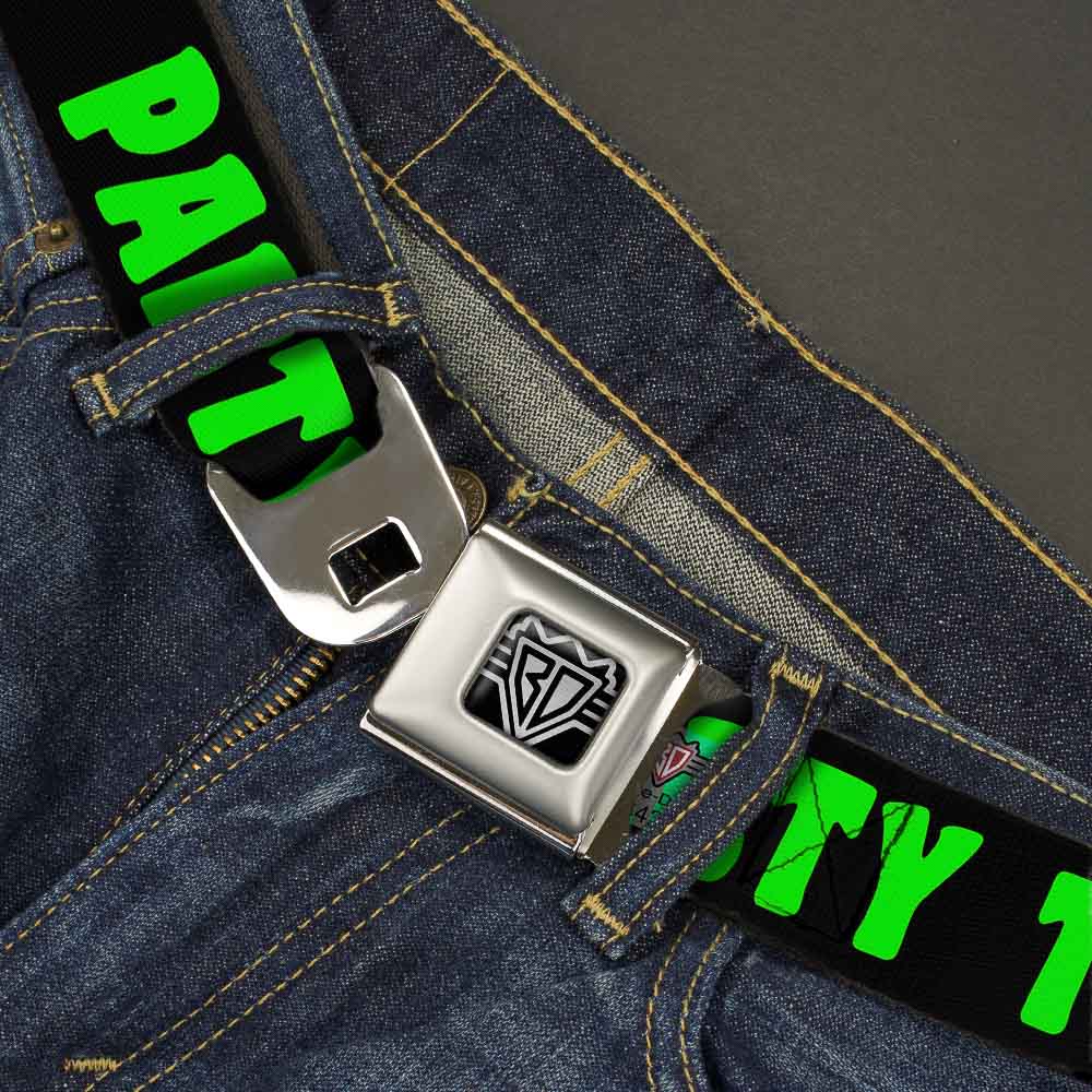 BD Wings Logo CLOSE-UP Full Color Black Silver Seatbelt Belt - PARTY TIME! Black/Green/Turquoise/Fuchsia Webbing Seatbelt Belts Buckle-Down