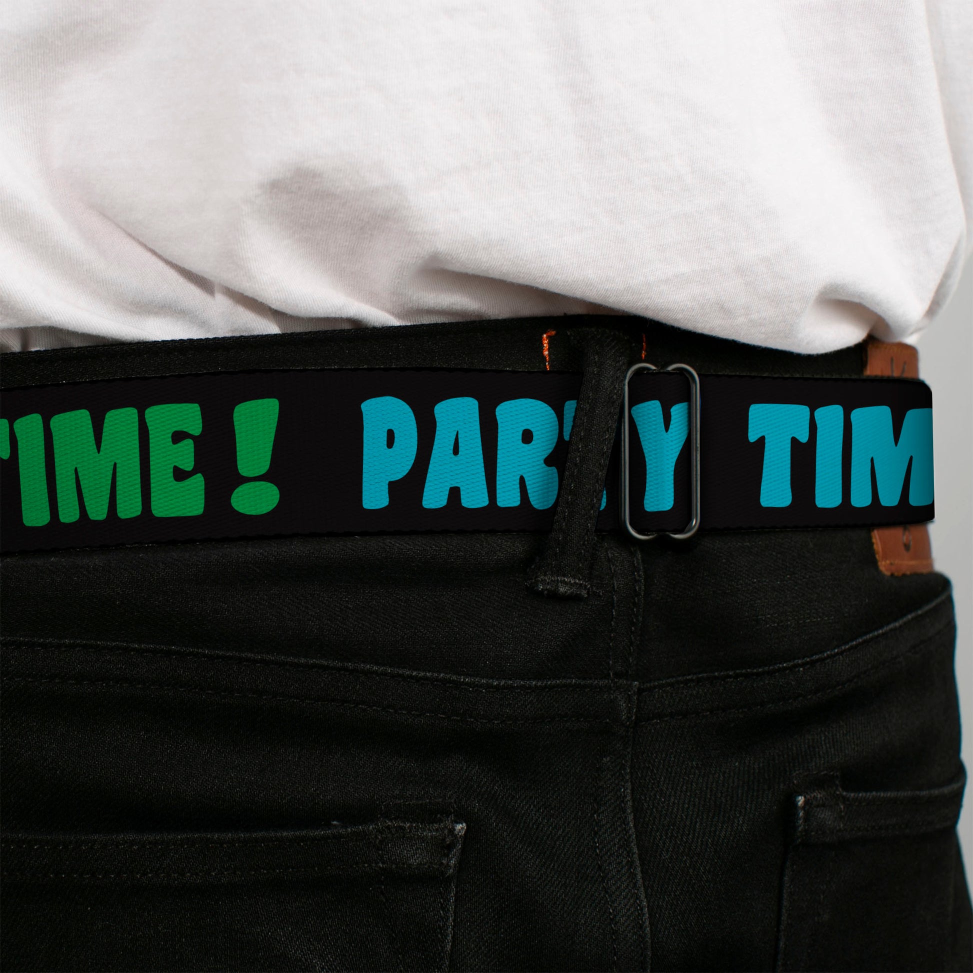 BD Wings Logo CLOSE-UP Full Color Black Silver Seatbelt Belt - PARTY TIME! Black/Green/Turquoise/Fuchsia Webbing Seatbelt Belts Buckle-Down