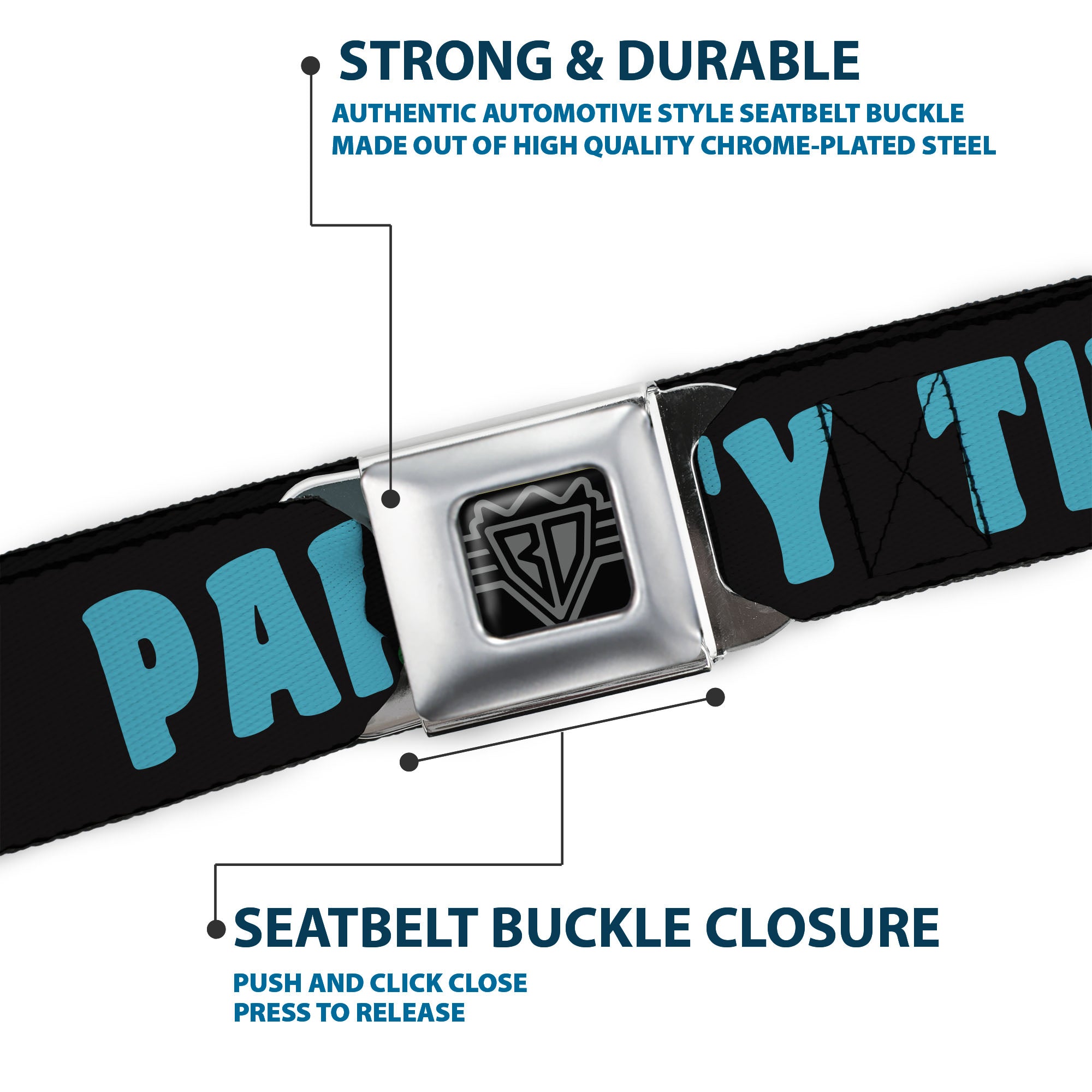BD Wings Logo CLOSE-UP Full Color Black Silver Seatbelt Belt - PARTY TIME! Black/Green/Turquoise/Fuchsia Webbing Seatbelt Belts Buckle-Down