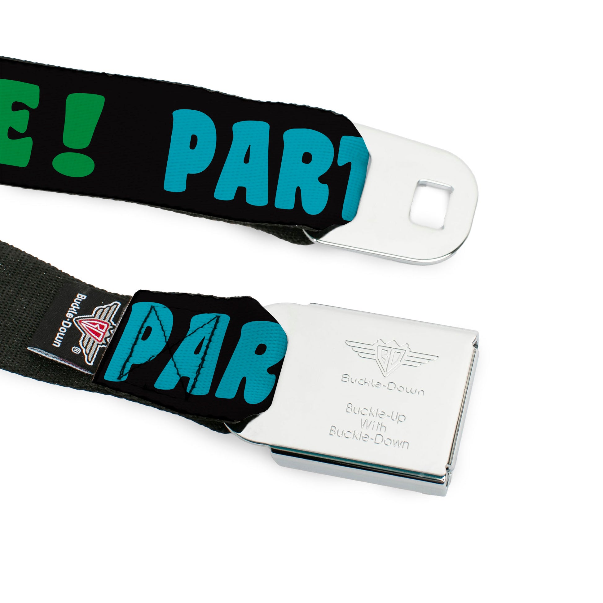 BD Wings Logo CLOSE-UP Full Color Black Silver Seatbelt Belt - PARTY TIME! Black/Green/Turquoise/Fuchsia Webbing Seatbelt Belts Buckle-Down