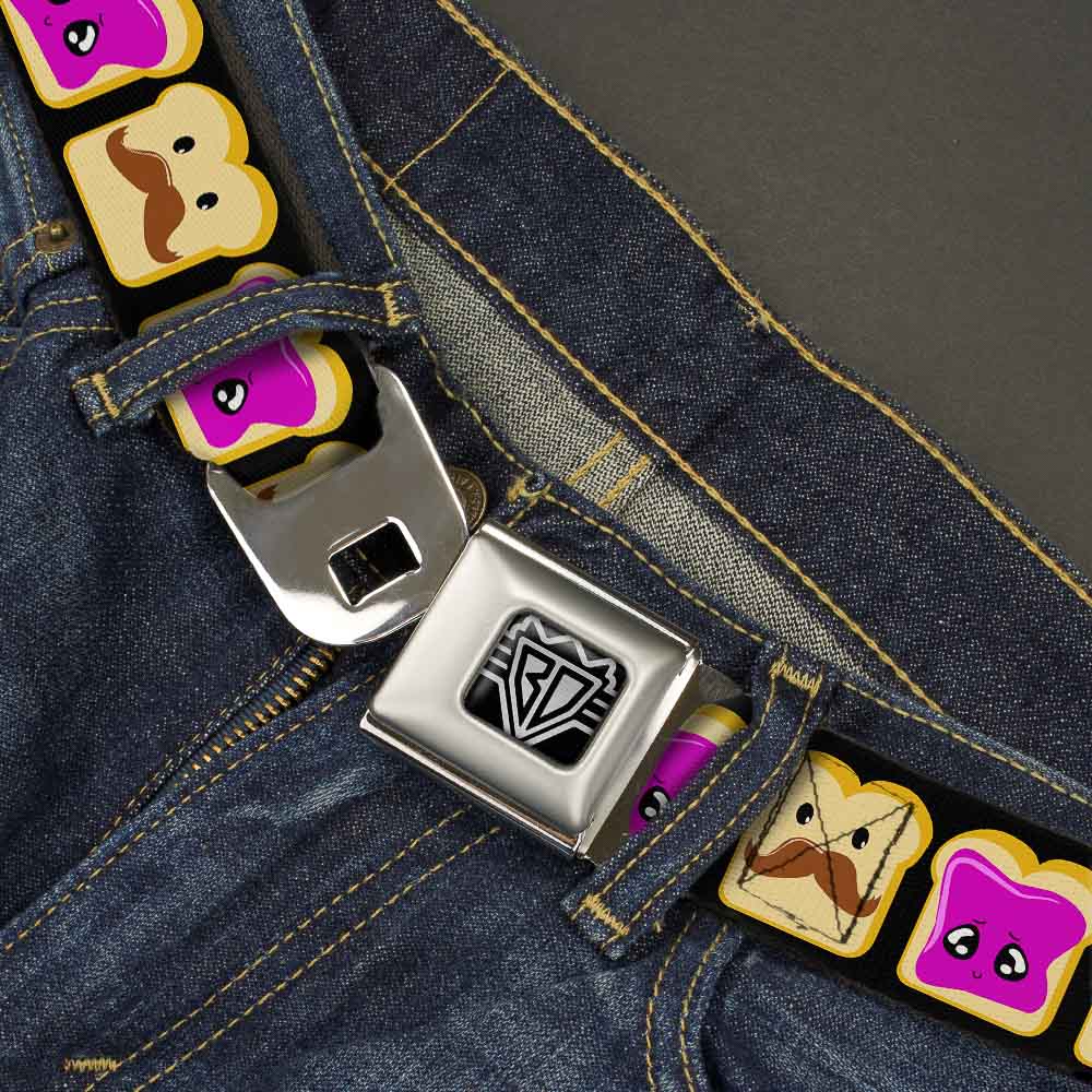 BD Wings Logo CLOSE-UP Full Color Black Silver Seatbelt Belt - Peanut Butter w/Mustache & Jelly Webbing Seatbelt Belts Buckle-Down