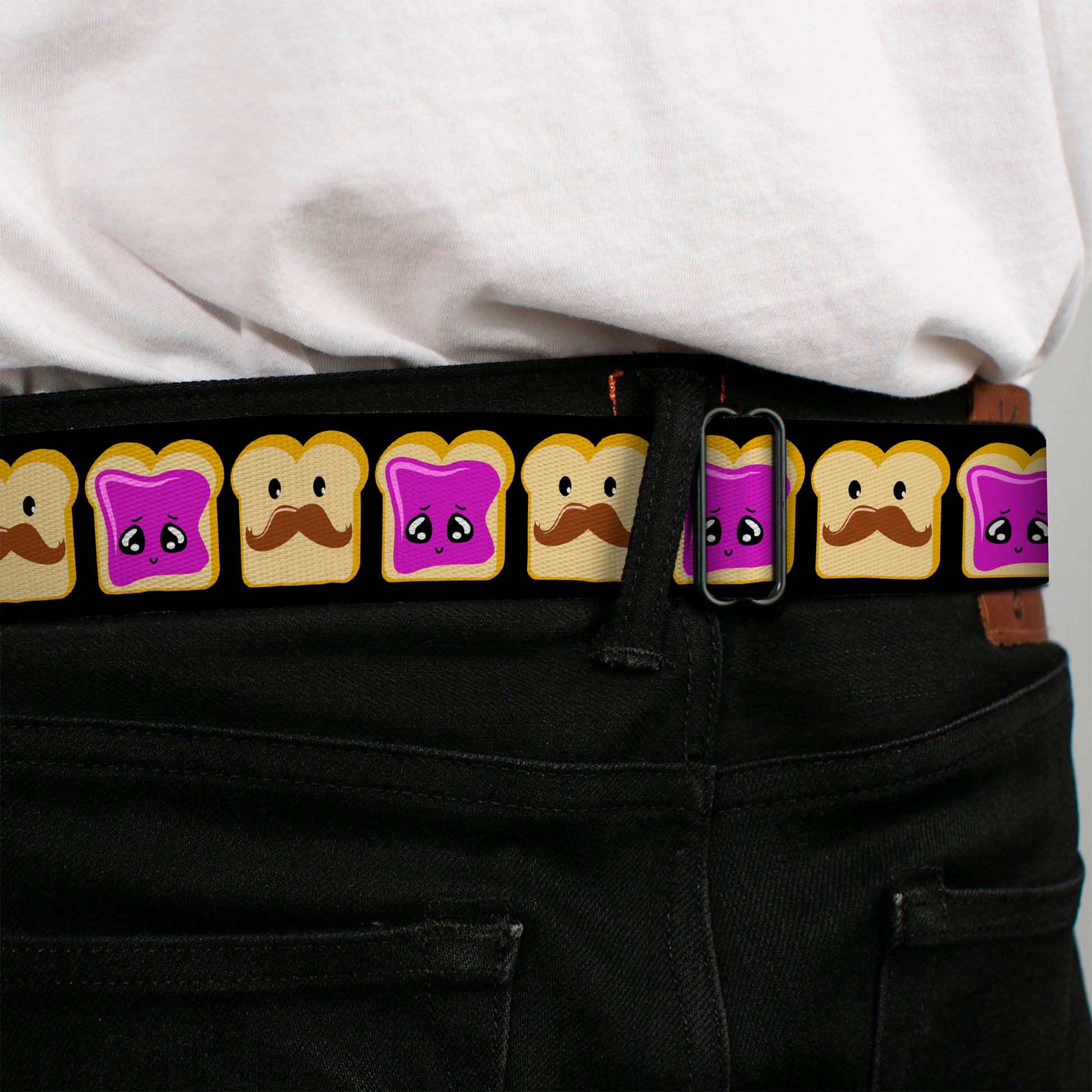 BD Wings Logo CLOSE-UP Full Color Black Silver Seatbelt Belt - Peanut Butter w/Mustache & Jelly Webbing Seatbelt Belts Buckle-Down