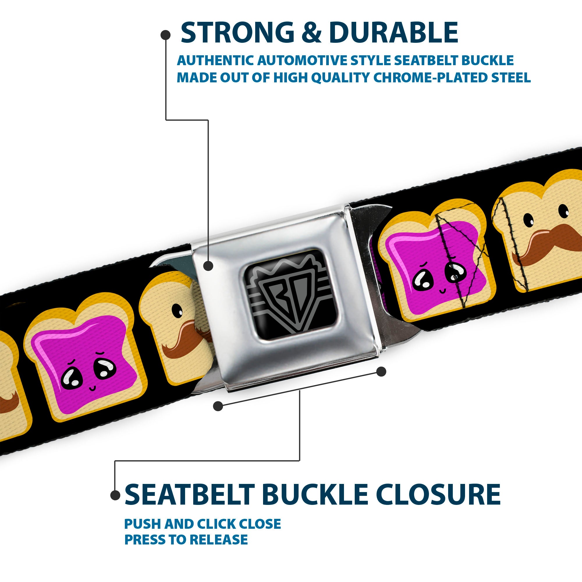 BD Wings Logo CLOSE-UP Full Color Black Silver Seatbelt Belt - Peanut Butter w/Mustache & Jelly Webbing Seatbelt Belts Buckle-Down
