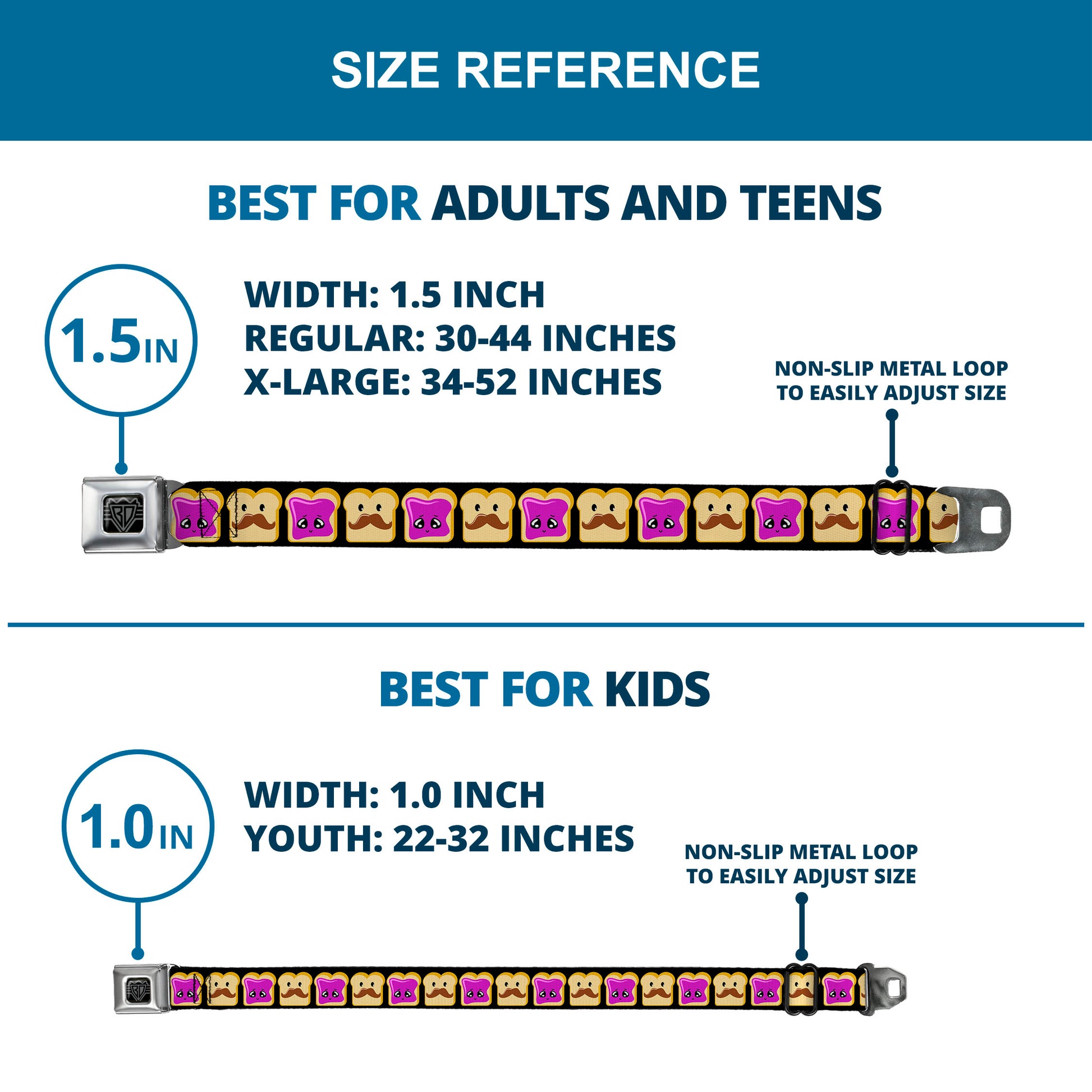 BD Wings Logo CLOSE-UP Full Color Black Silver Seatbelt Belt - Peanut Butter w/Mustache & Jelly Webbing Seatbelt Belts Buckle-Down