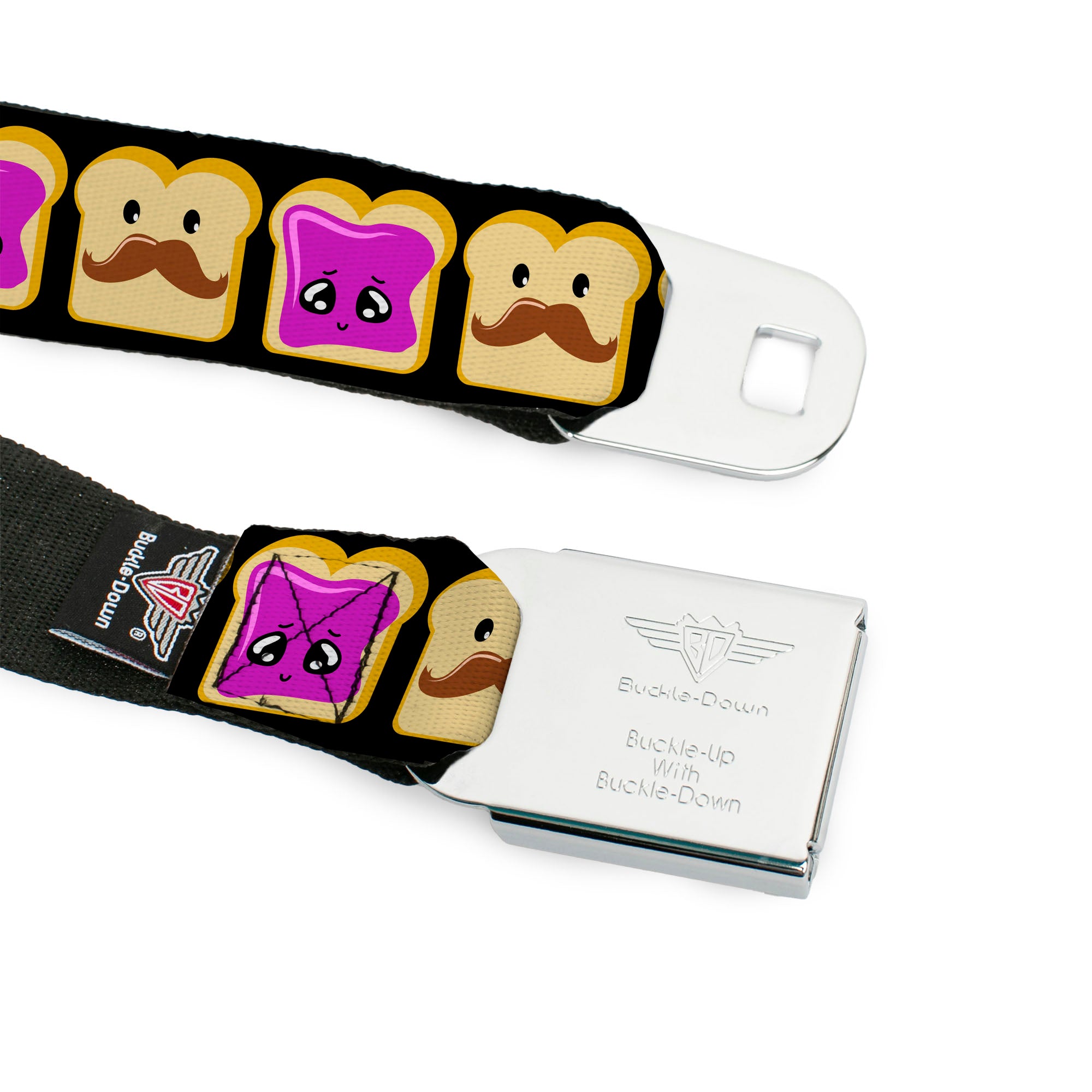BD Wings Logo CLOSE-UP Full Color Black Silver Seatbelt Belt - Peanut Butter w/Mustache & Jelly Webbing Seatbelt Belts Buckle-Down