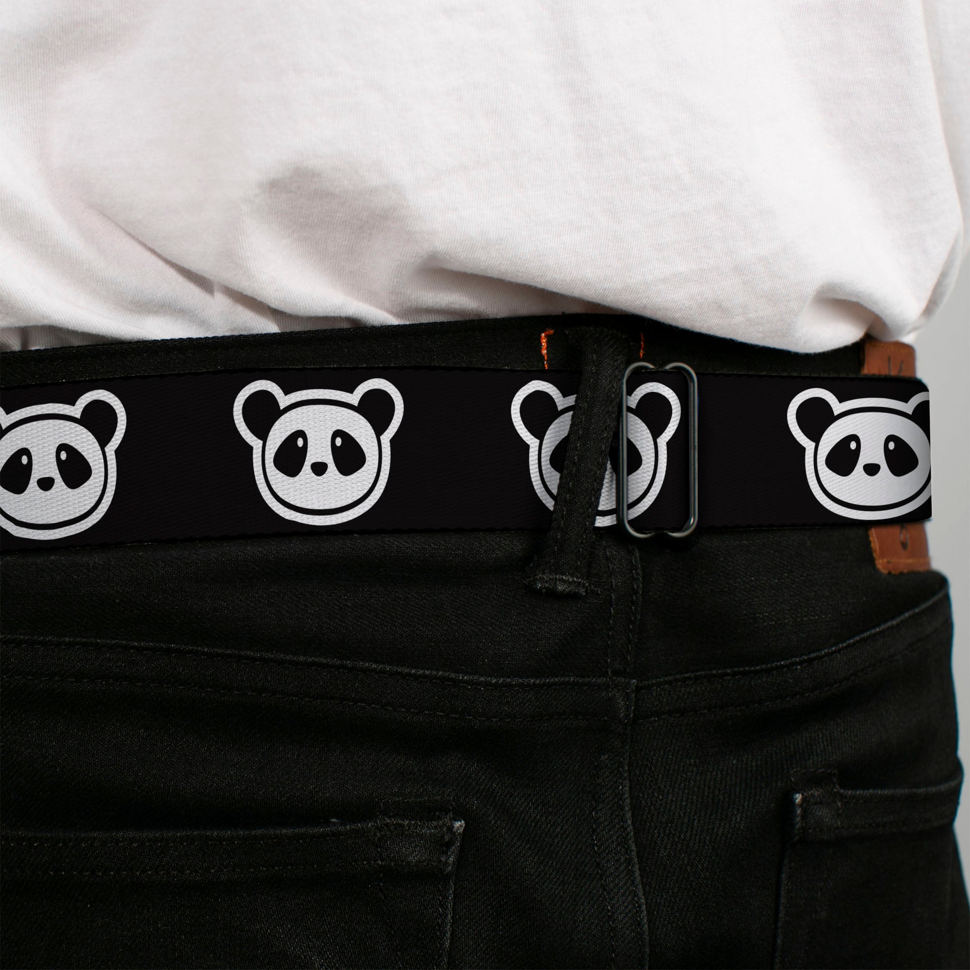 BD Wings Logo CLOSE-UP Full Color Black Silver Seatbelt Belt - Panda Bear Cartoon2 Black/White Webbing Seatbelt Belts Buckle-Down