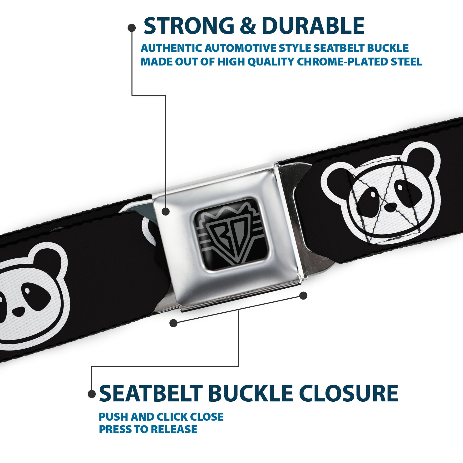 BD Wings Logo CLOSE-UP Full Color Black Silver Seatbelt Belt - Panda Bear Cartoon2 Black/White Webbing Seatbelt Belts Buckle-Down