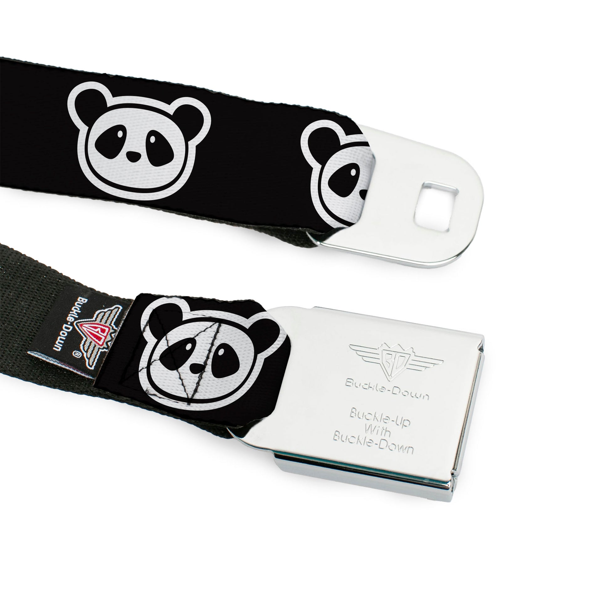 BD Wings Logo CLOSE-UP Full Color Black Silver Seatbelt Belt - Panda Bear Cartoon2 Black/White Webbing Seatbelt Belts Buckle-Down