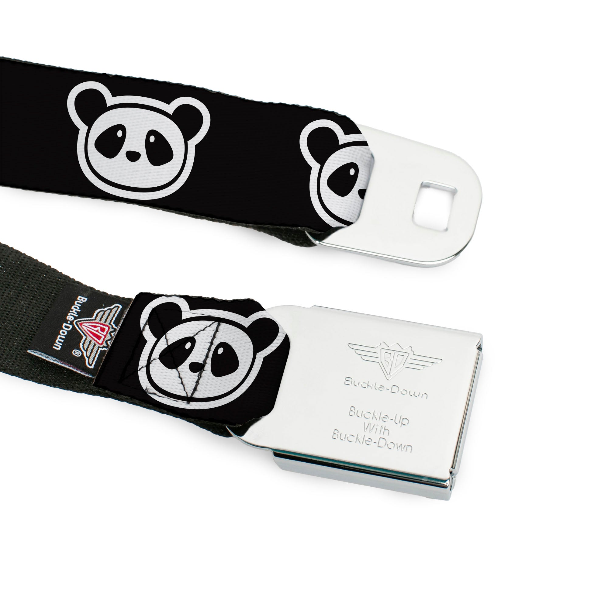 BD Wings Logo CLOSE-UP Full Color Black Silver Seatbelt Belt - Panda Bear Cartoon2 Black/White Webbing Seatbelt Belts Buckle-Down