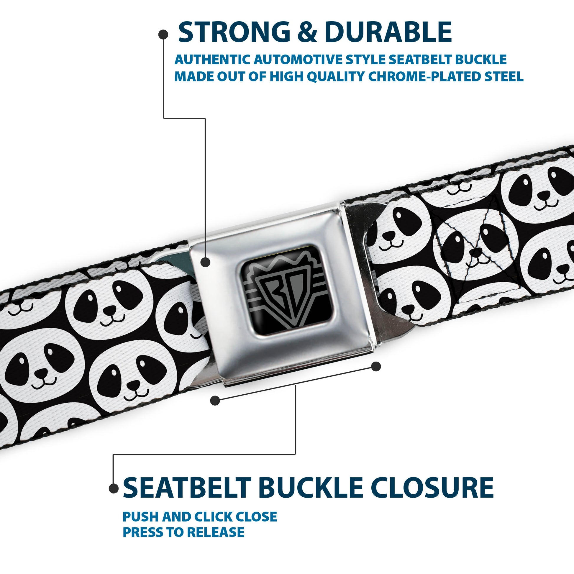 BD Wings Logo CLOSE-UP Full Color Black Silver Seatbelt Belt - Smiling Panda Repeat Black/White Webbing Seatbelt Belts Buckle-Down