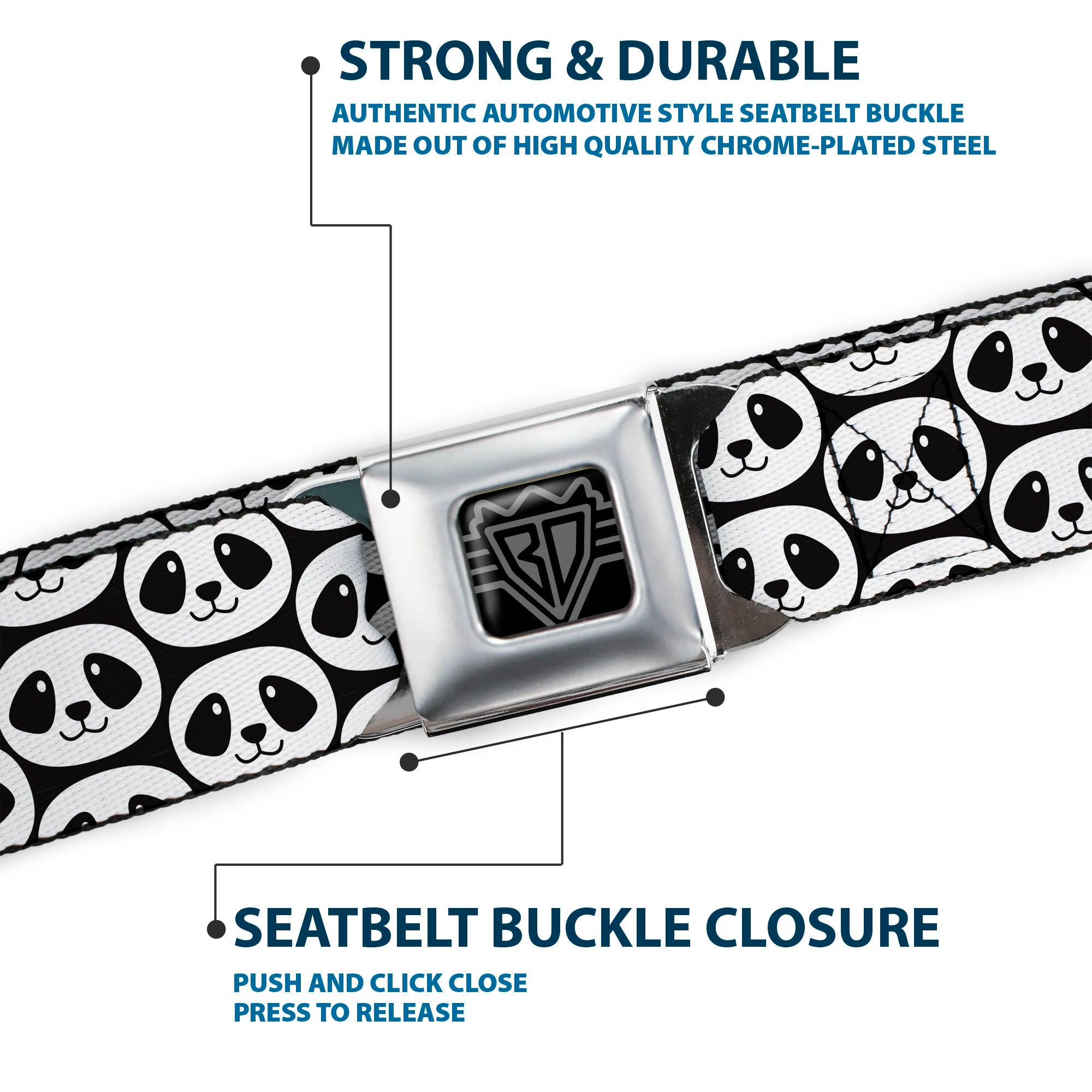 BD Wings Logo CLOSE-UP Full Color Black Silver Seatbelt Belt - Smiling Panda Repeat Black/White Webbing Seatbelt Belts Buckle-Down