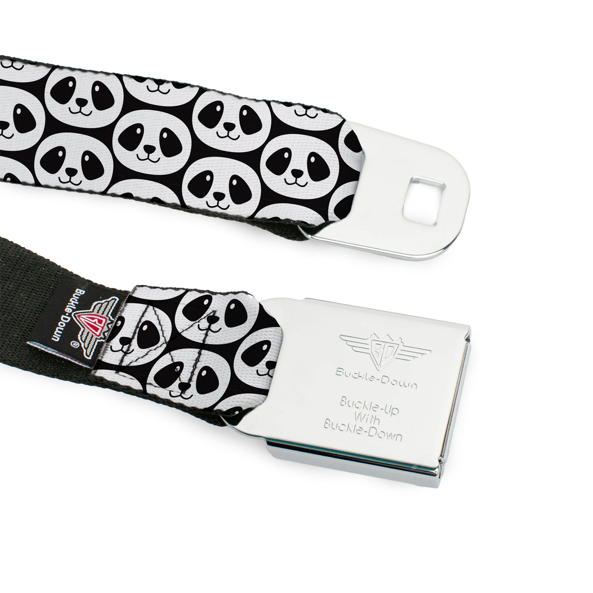 BD Wings Logo CLOSE-UP Full Color Black Silver Seatbelt Belt - Smiling Panda Repeat Black/White Webbing Seatbelt Belts Buckle-Down
