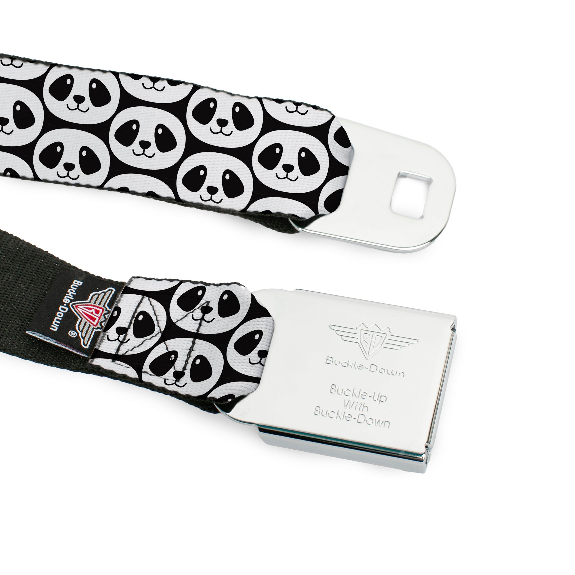 BD Wings Logo CLOSE-UP Full Color Black Silver Seatbelt Belt - Smiling Panda Repeat Black/White Webbing Seatbelt Belts Buckle-Down