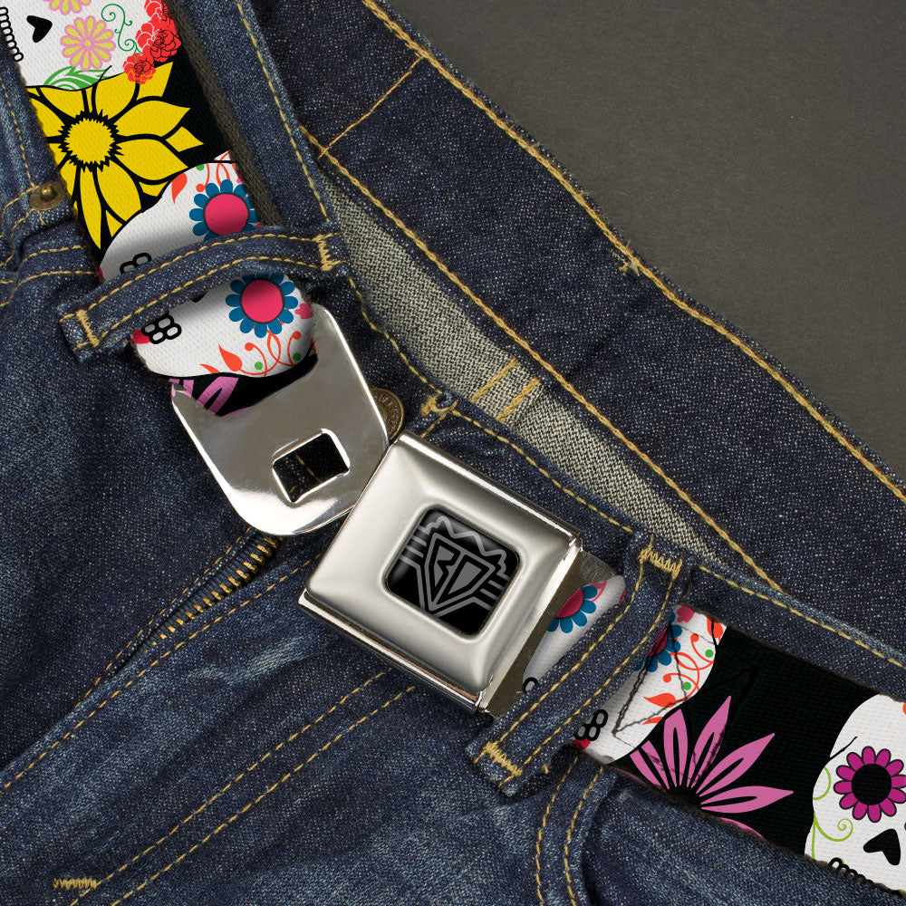 BD Wings Logo CLOSE-UP Black/Silver Seatbelt Belt - Sugar Skulls & Flowers Black/Multi Color Webbing Seatbelt Belts Buckle-Down