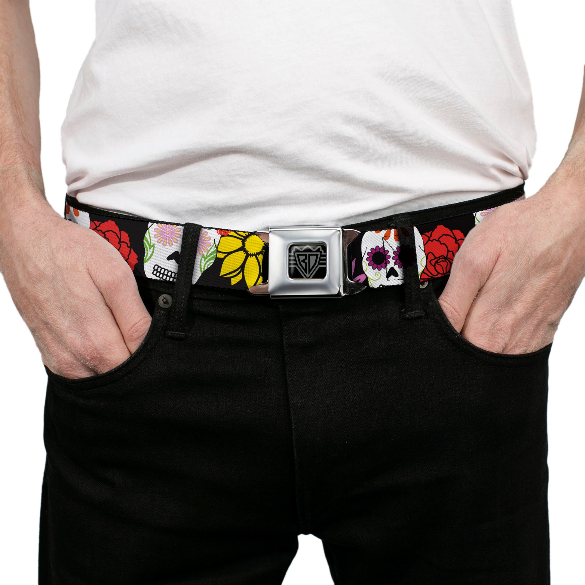 BD Wings Logo CLOSE-UP Black/Silver Seatbelt Belt - Sugar Skulls & Flowers Black/Multi Color Webbing Seatbelt Belts Buckle-Down