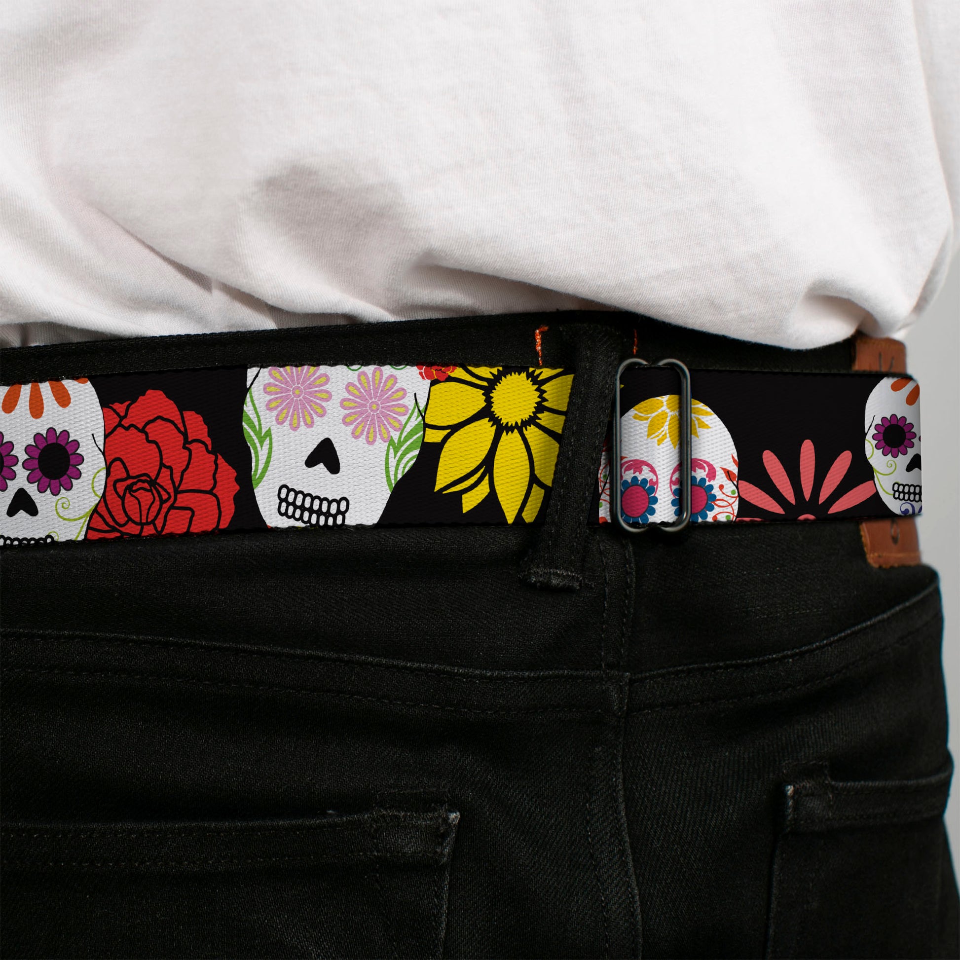 BD Wings Logo CLOSE-UP Black/Silver Seatbelt Belt - Sugar Skulls & Flowers Black/Multi Color Webbing Seatbelt Belts Buckle-Down