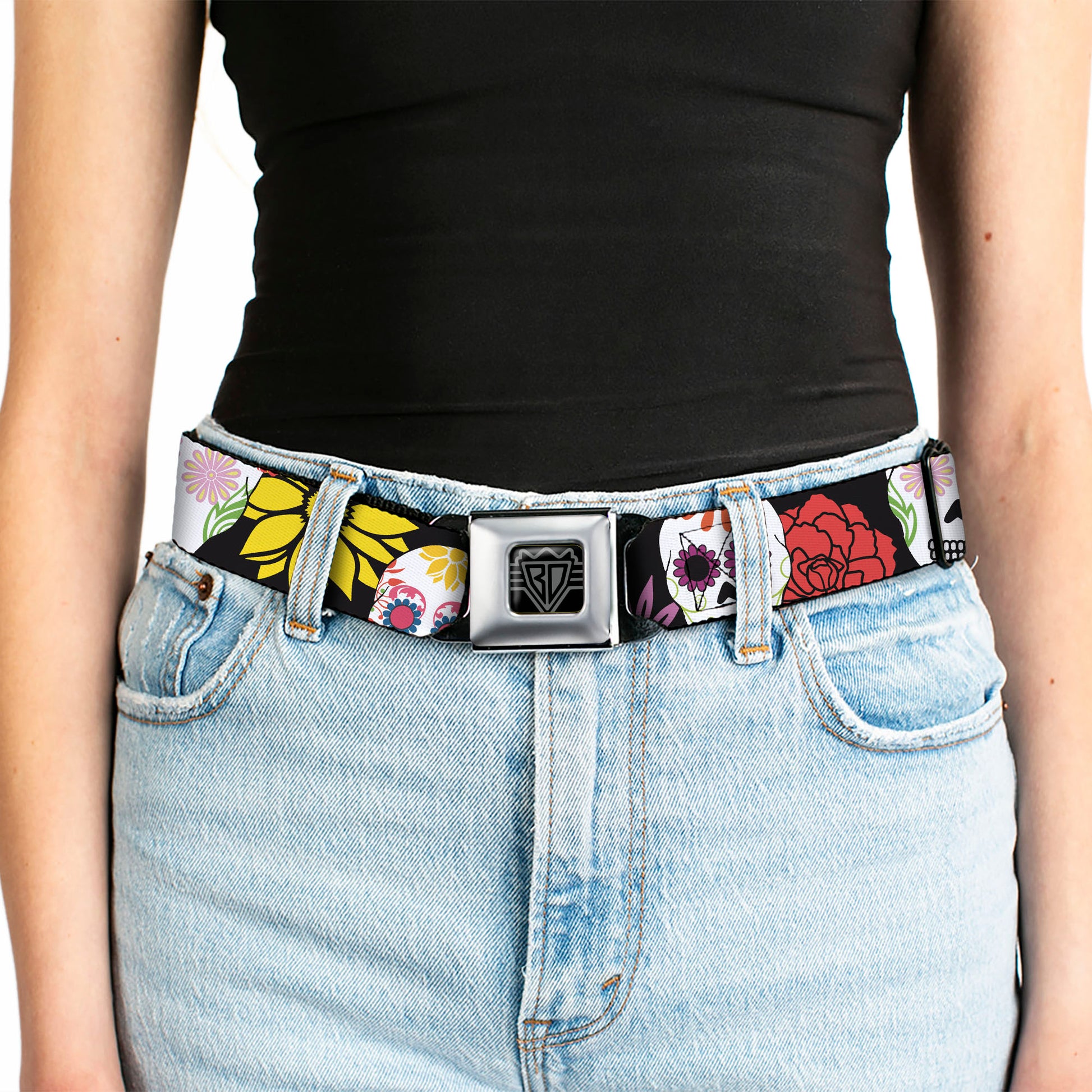 BD Wings Logo CLOSE-UP Black/Silver Seatbelt Belt - Sugar Skulls & Flowers Black/Multi Color Webbing Seatbelt Belts Buckle-Down