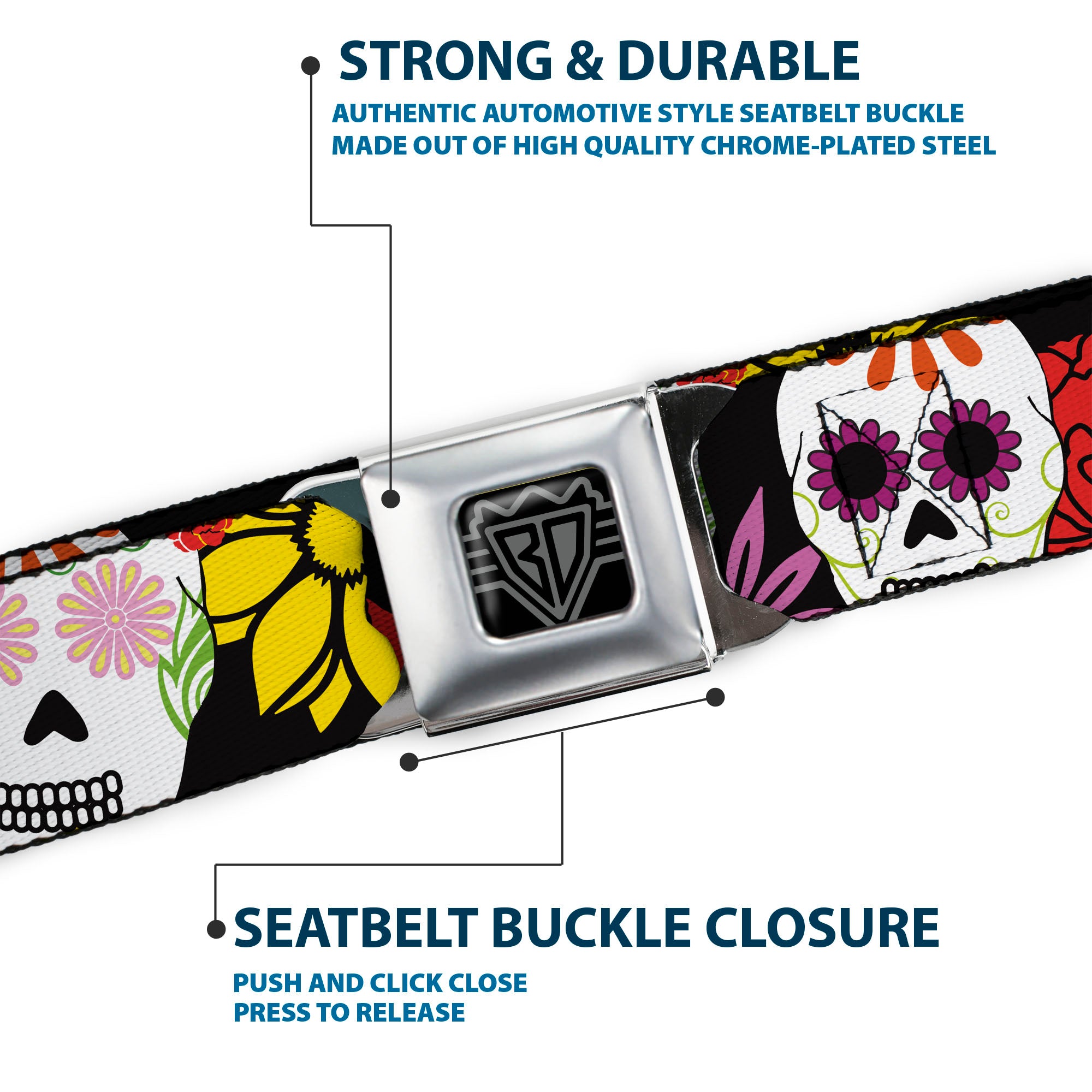 BD Wings Logo CLOSE-UP Black/Silver Seatbelt Belt - Sugar Skulls & Flowers Black/Multi Color Webbing Seatbelt Belts Buckle-Down