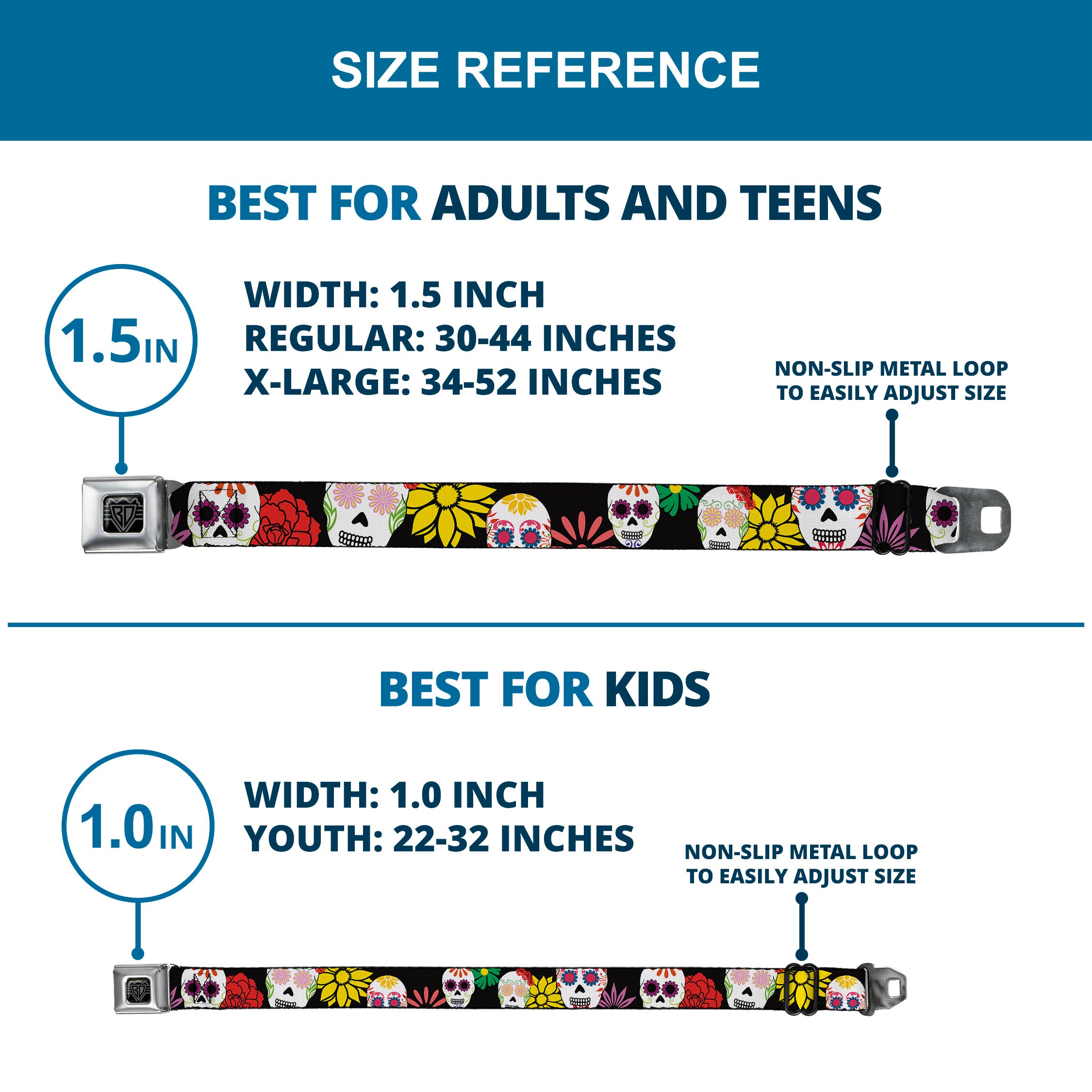 BD Wings Logo CLOSE-UP Black/Silver Seatbelt Belt - Sugar Skulls & Flowers Black/Multi Color Webbing Seatbelt Belts Buckle-Down